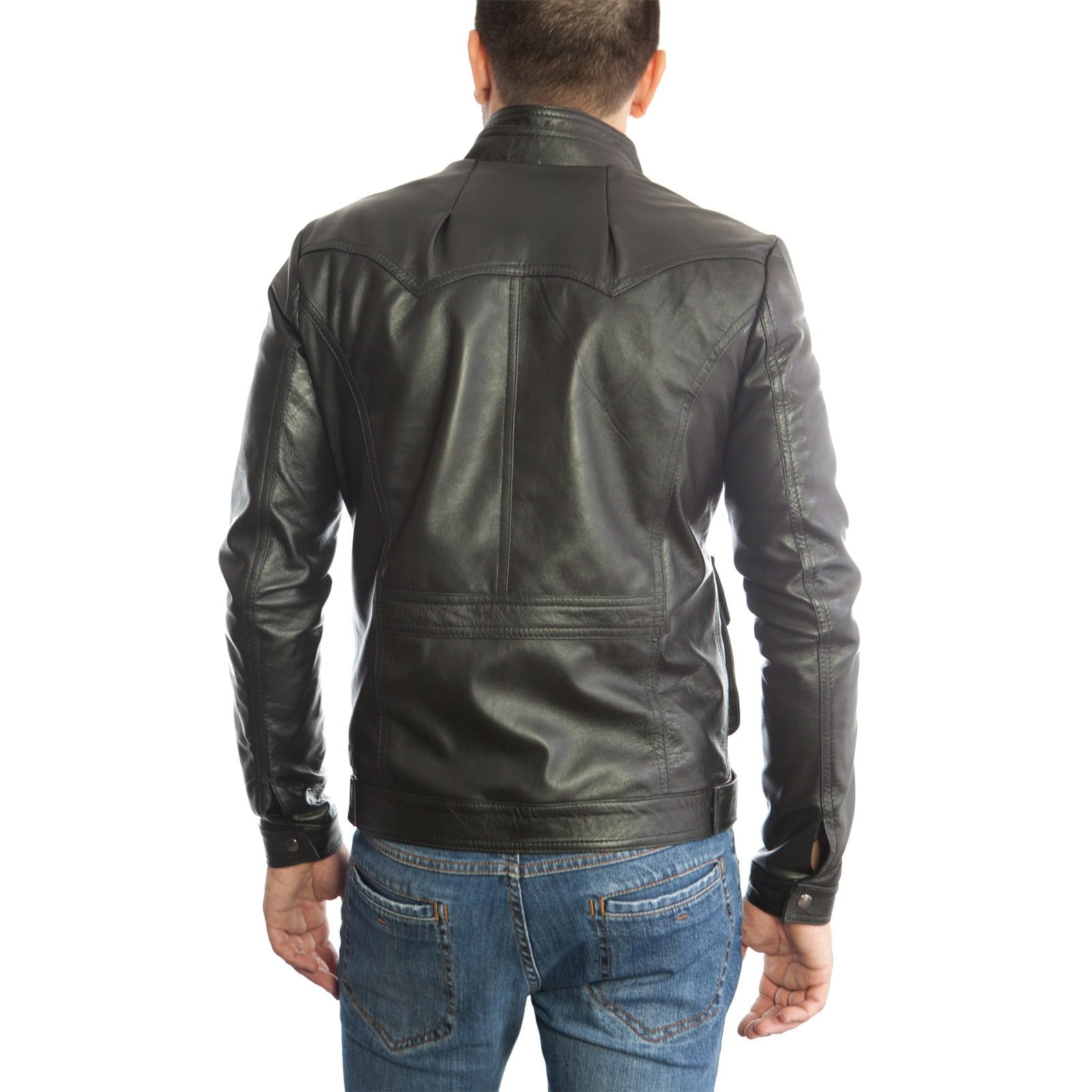 Rindway Slim Men's Black Genuine Leather Biker Jacket with Five Front Pockets