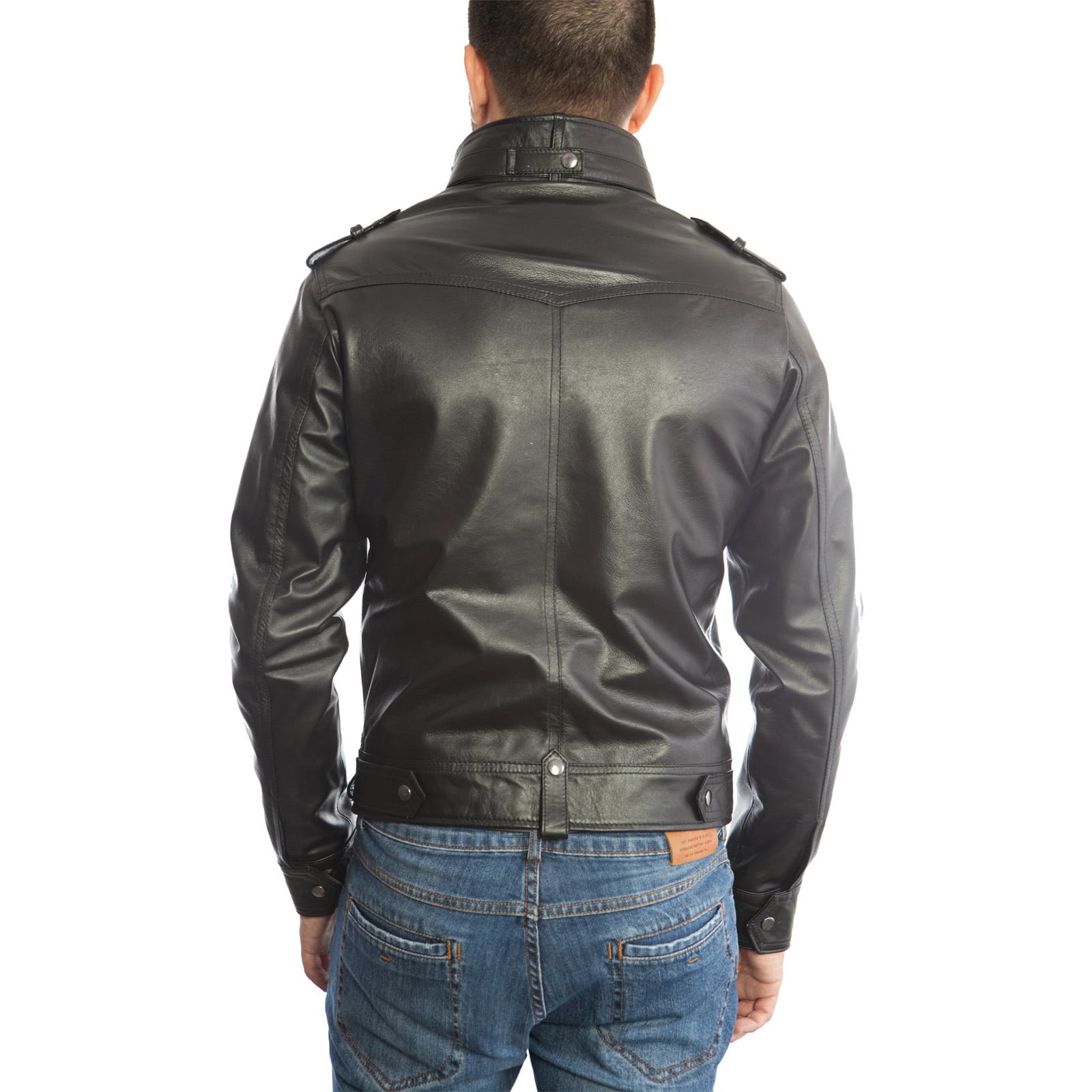 Rindway Men's Blue Genuine Leather Biker Jacket Slim Four Pockets Buttons