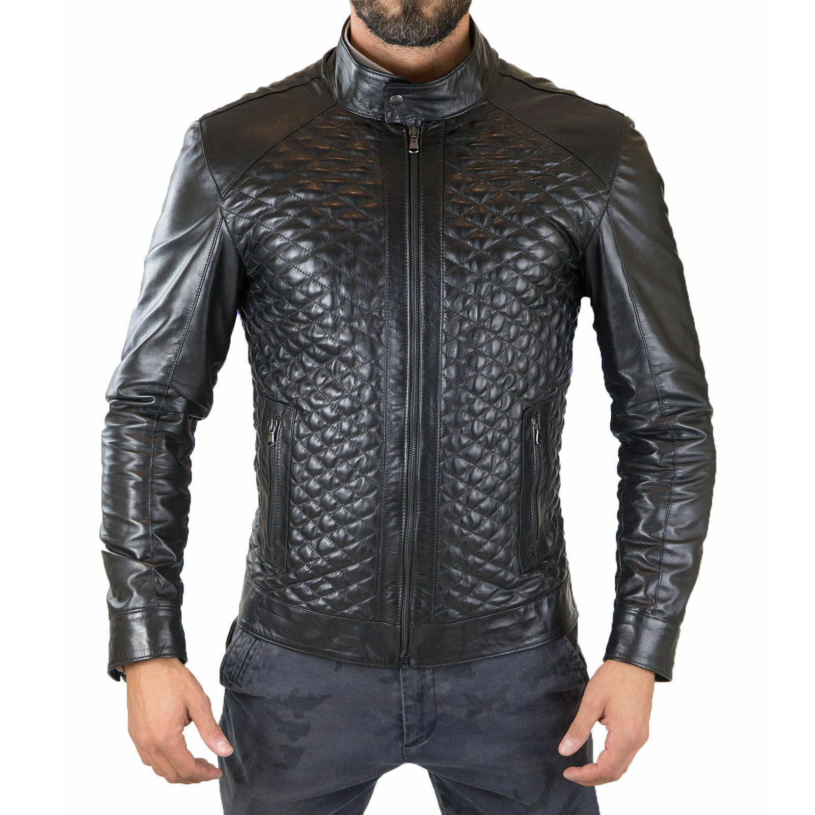 Giacca Biker In Vera Pelle Nera Uomo Slim Trapuntato Rombi Piccoli Rindway