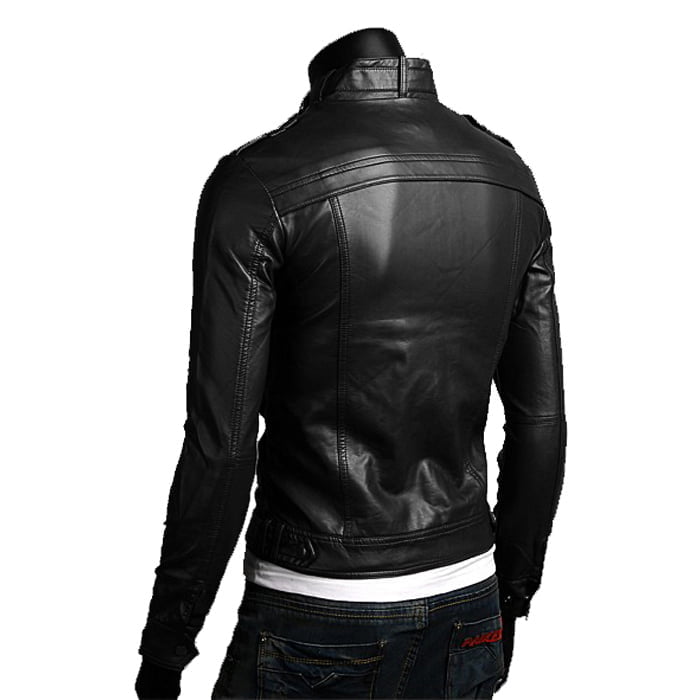 Rindway Slim Men's Black Genuine Leather Biker Jacket with Pockets and Oblique Flap