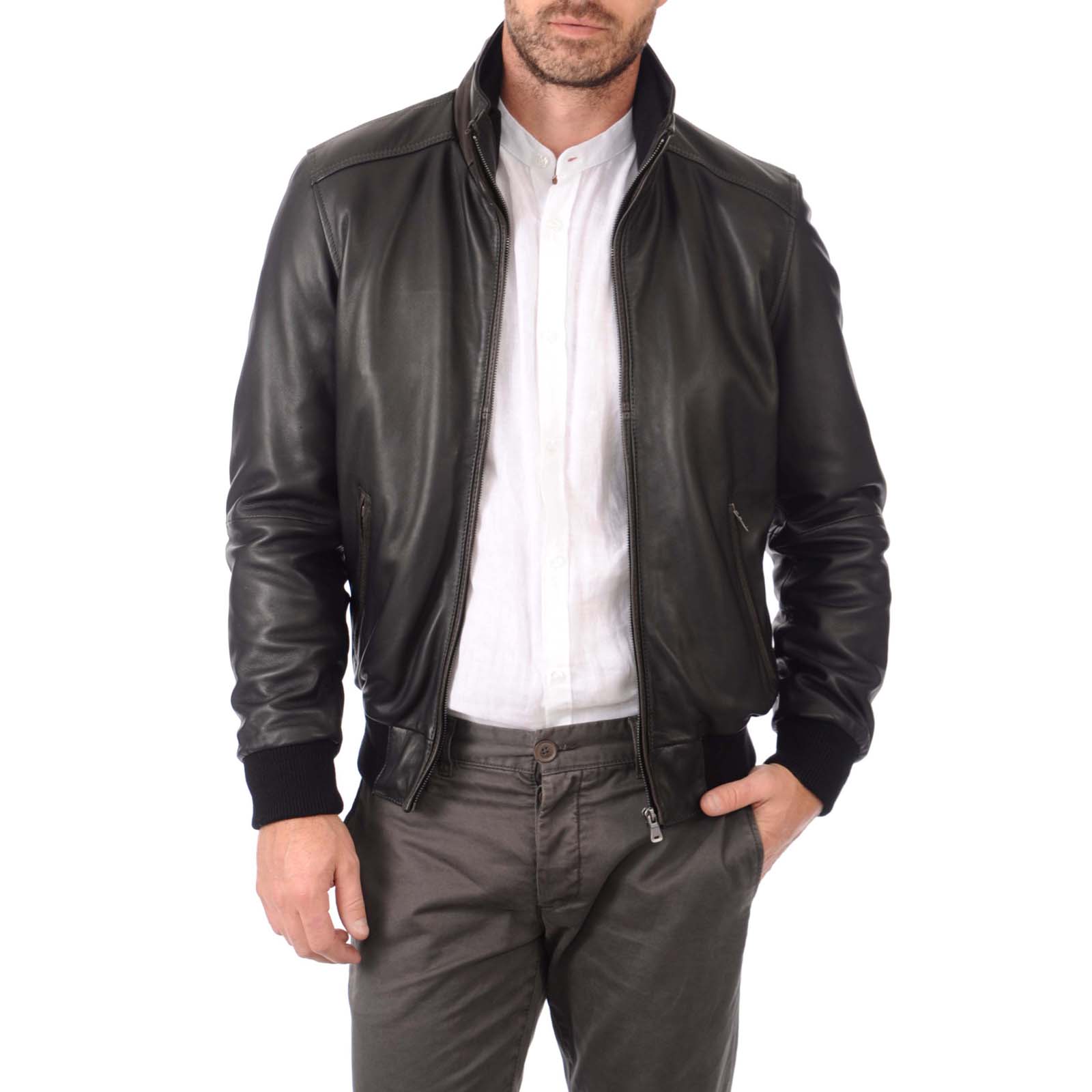 Giubbotto Bomber In Vera Pelle Nera Uomo Con Particolare Al Collo Rindway
