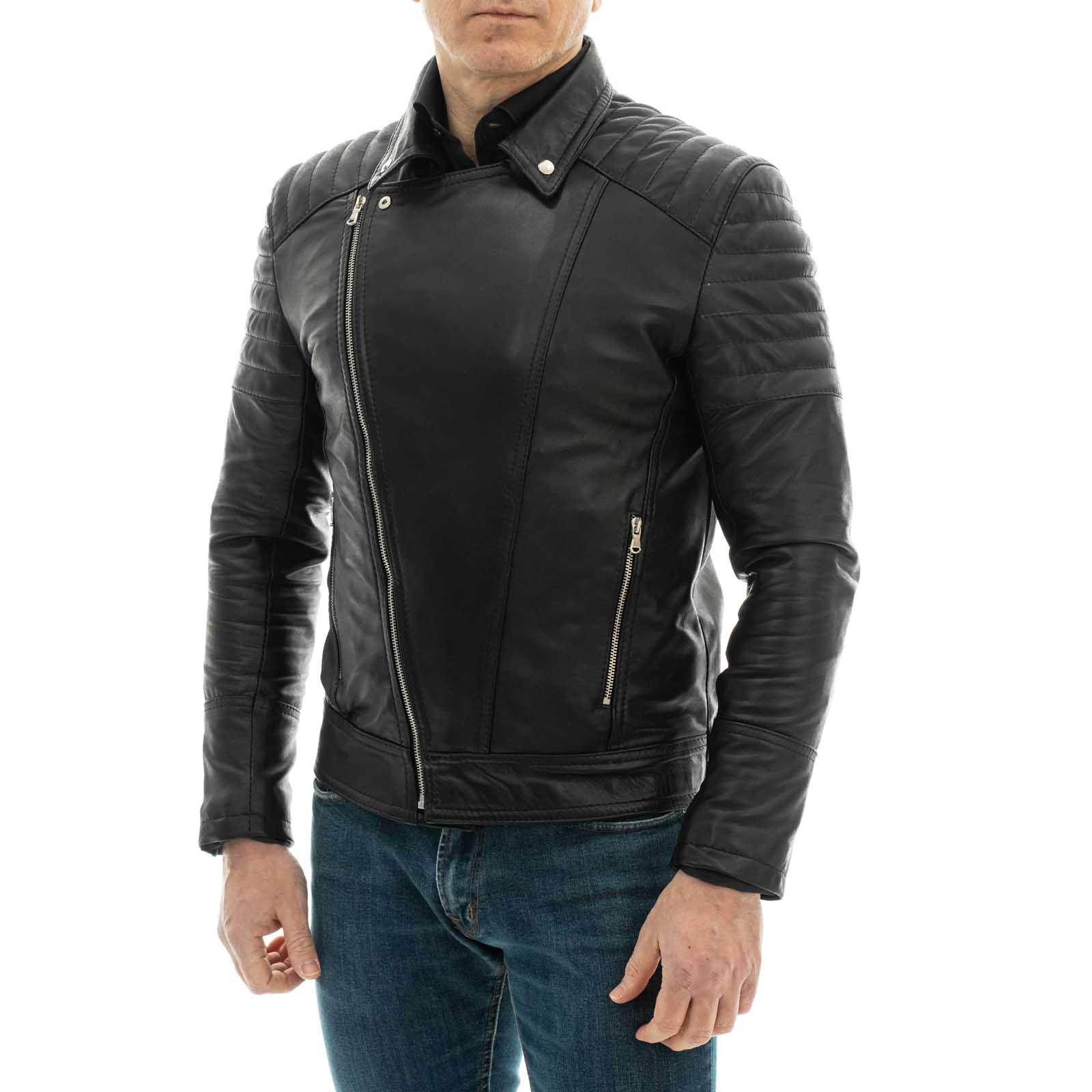 Chiodo Biker In Vera Pelle Nero Uomo Slim Linee Spalle Braccia Rindway