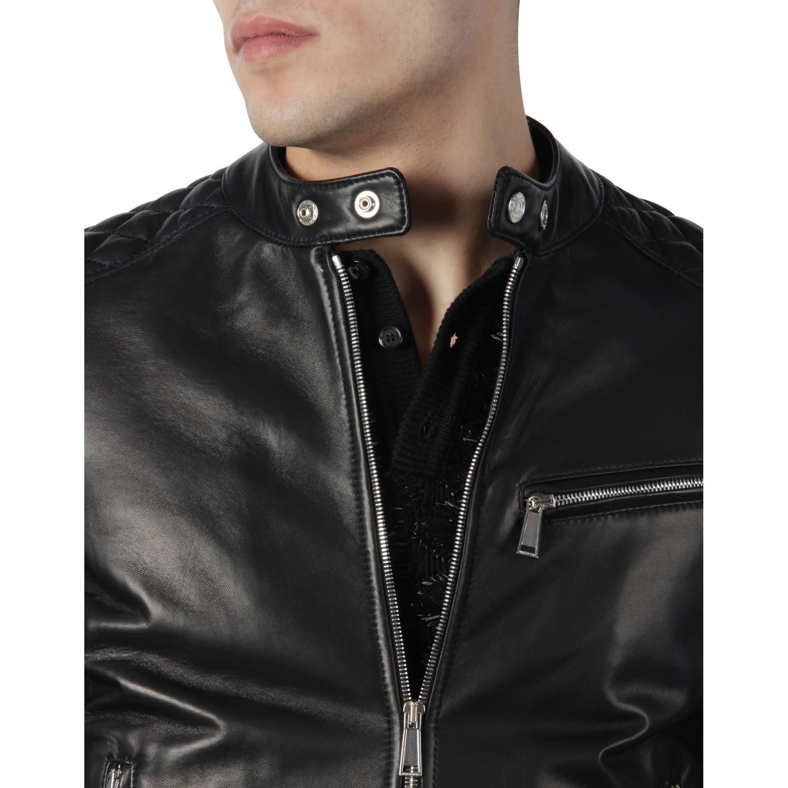 Rindway Men's Brown Genuine Leather Biker Jacket with Diamonds Arms and Shoulders