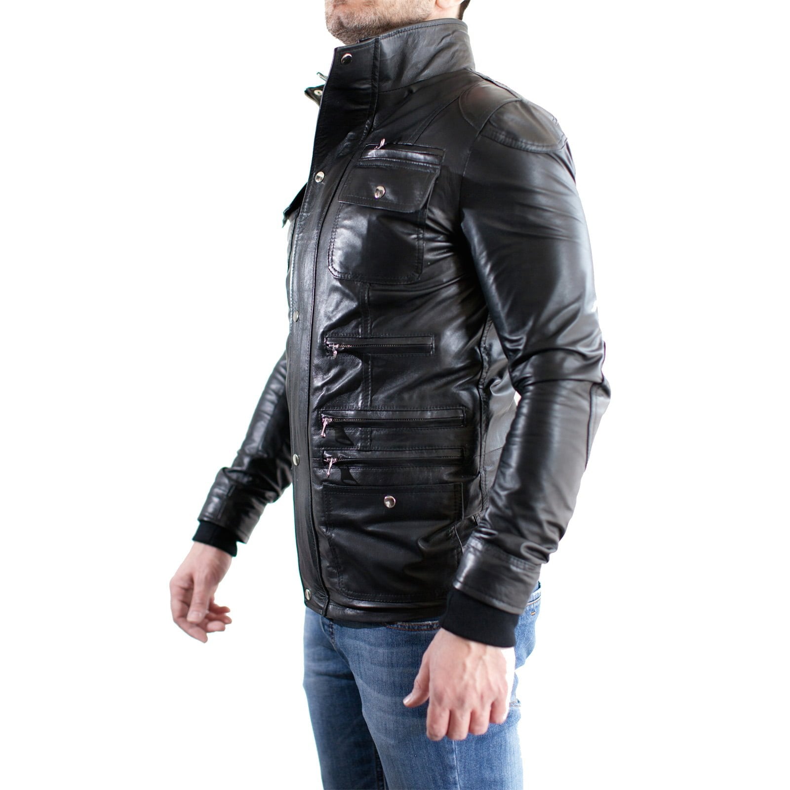 Giacca Biker In Vera Pelle Uomo Slim Multitasche Rindway