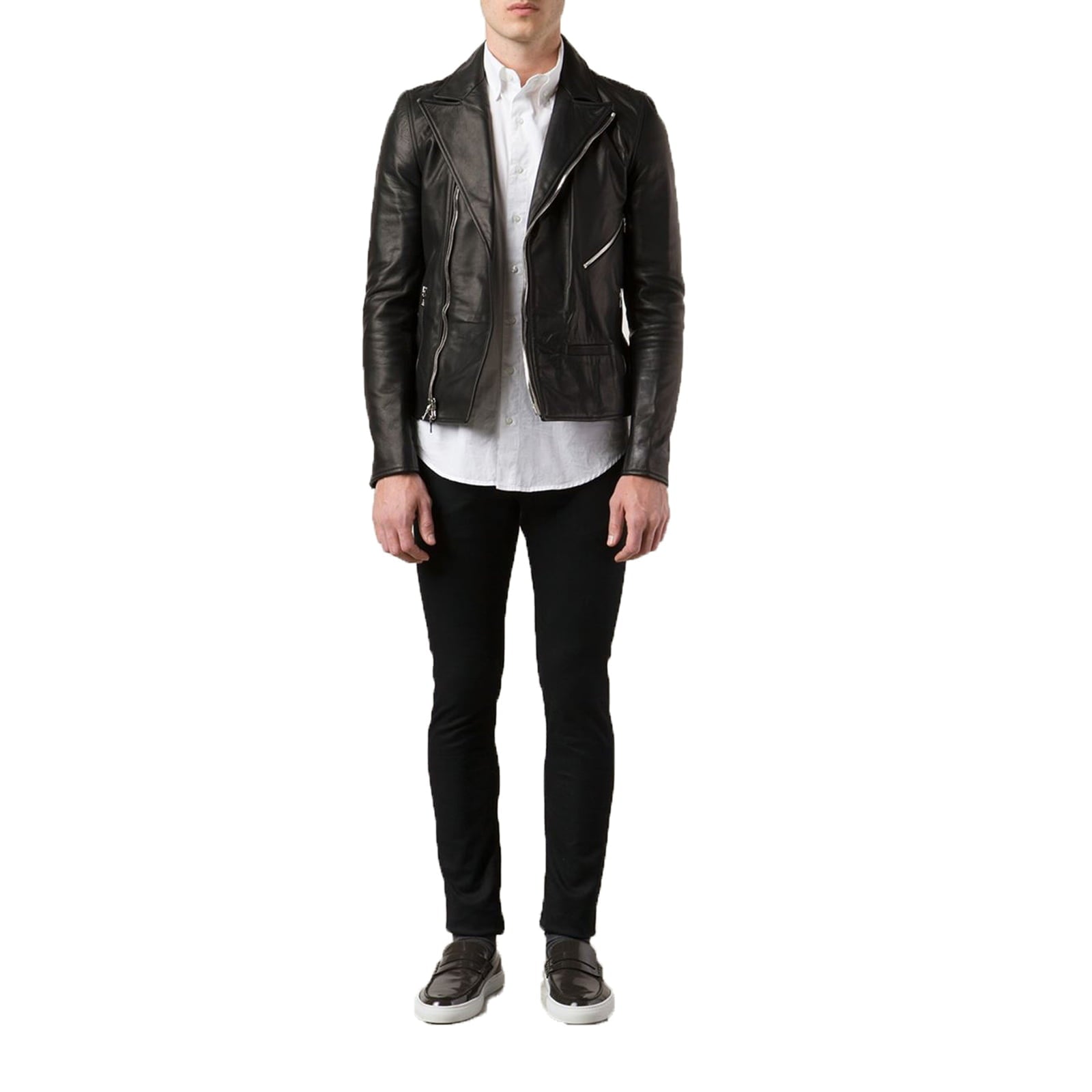 Chiodo Biker In Vera Pelle Nero Uomo Slim Con Reverse Ridotto Rindway