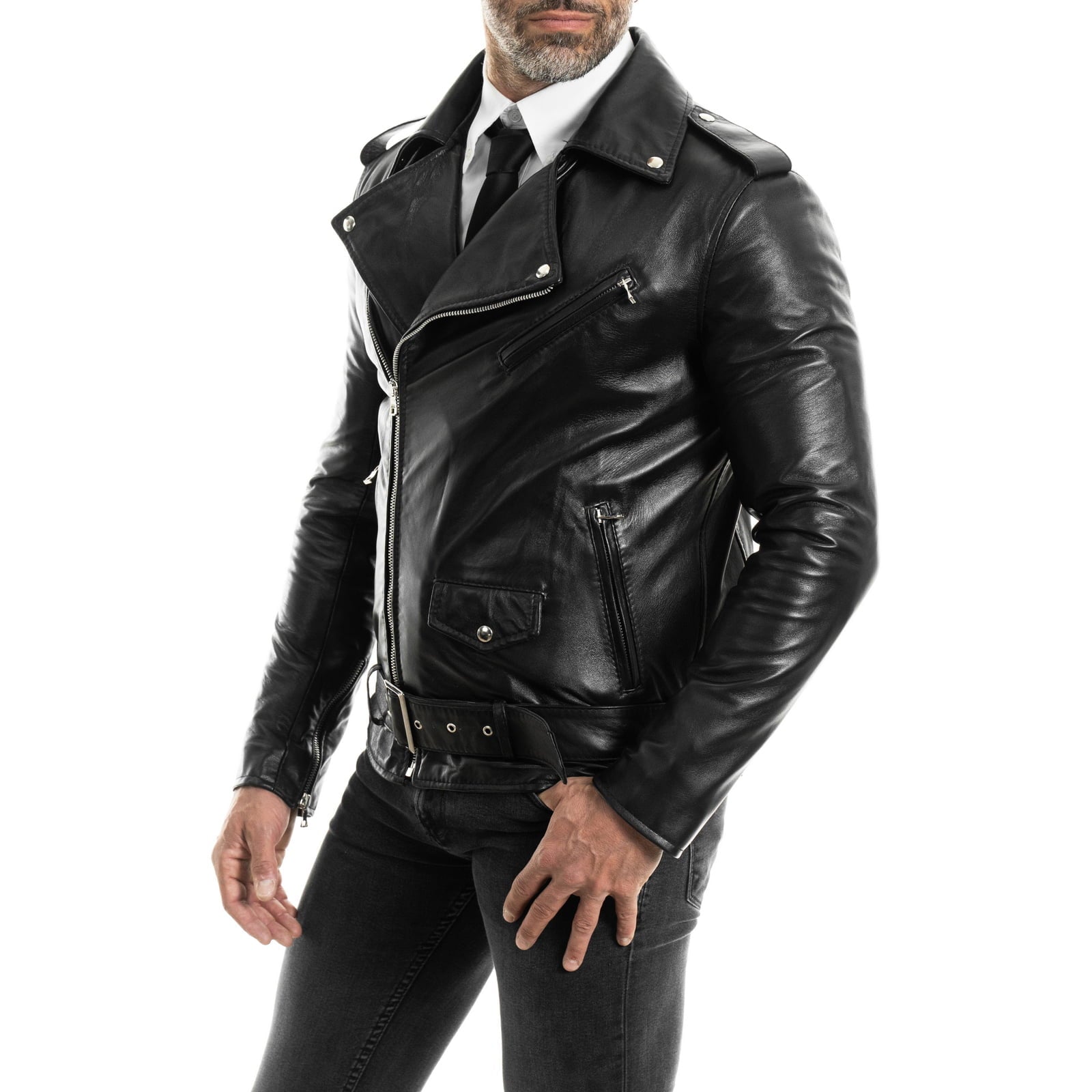 Men's Slim Fit Black Genuine Leather Biker Jacket Front Pocket Rindway