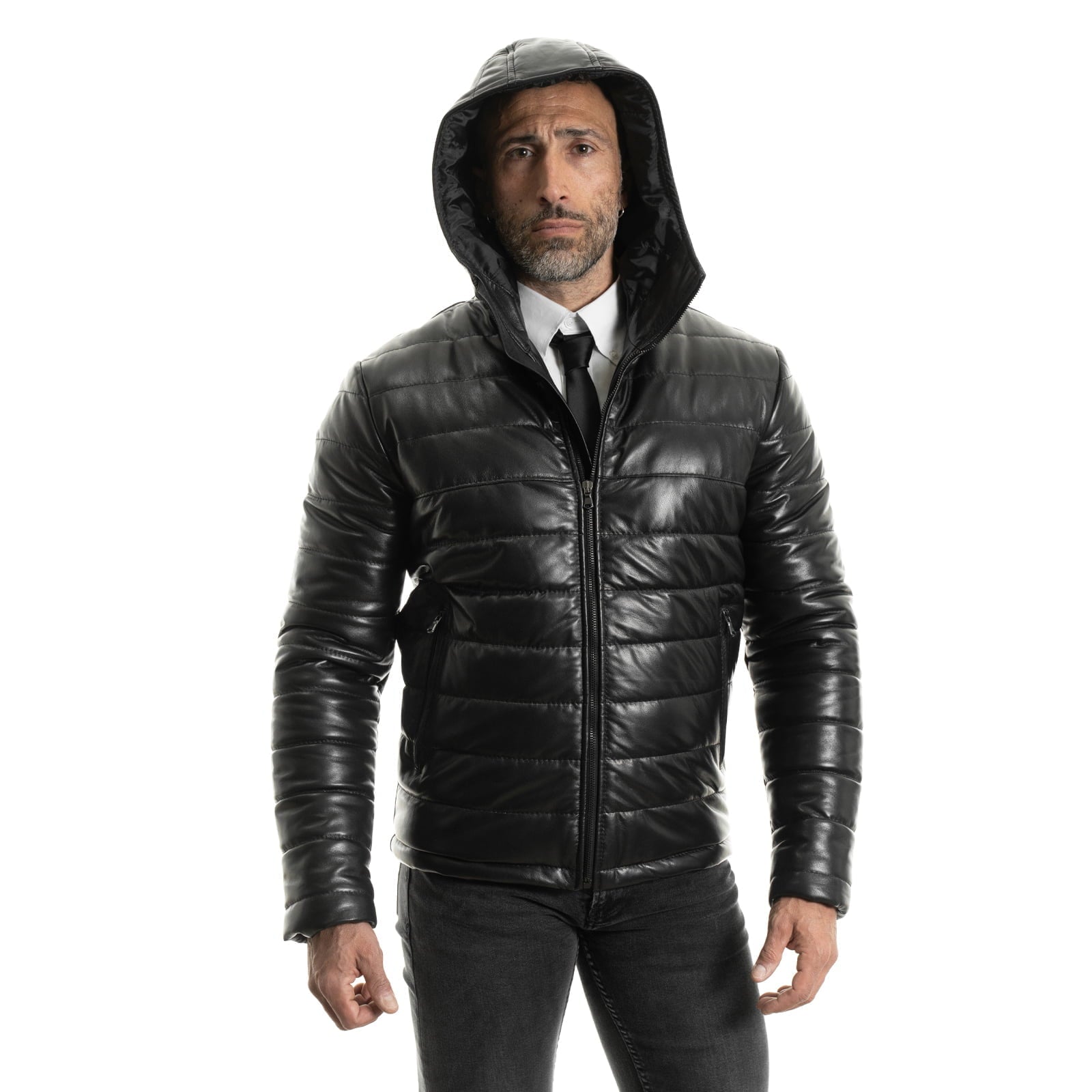 Men's Genuine Leather Down Jacket Slim Narrow Lines With Fixed Hood Rindway