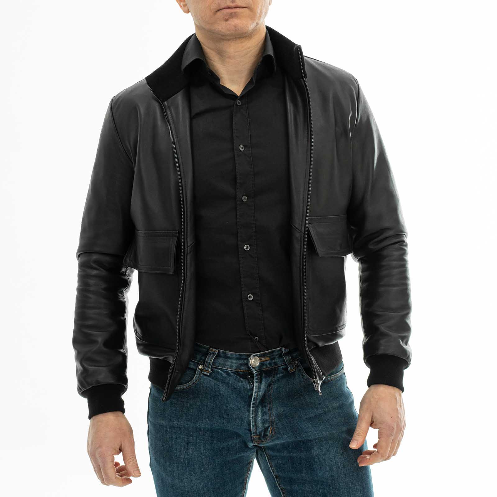 Giubbotto Bomber Con Cerniera In Vera Pelle Nero Uomo Slim Con Tasconi Rindway