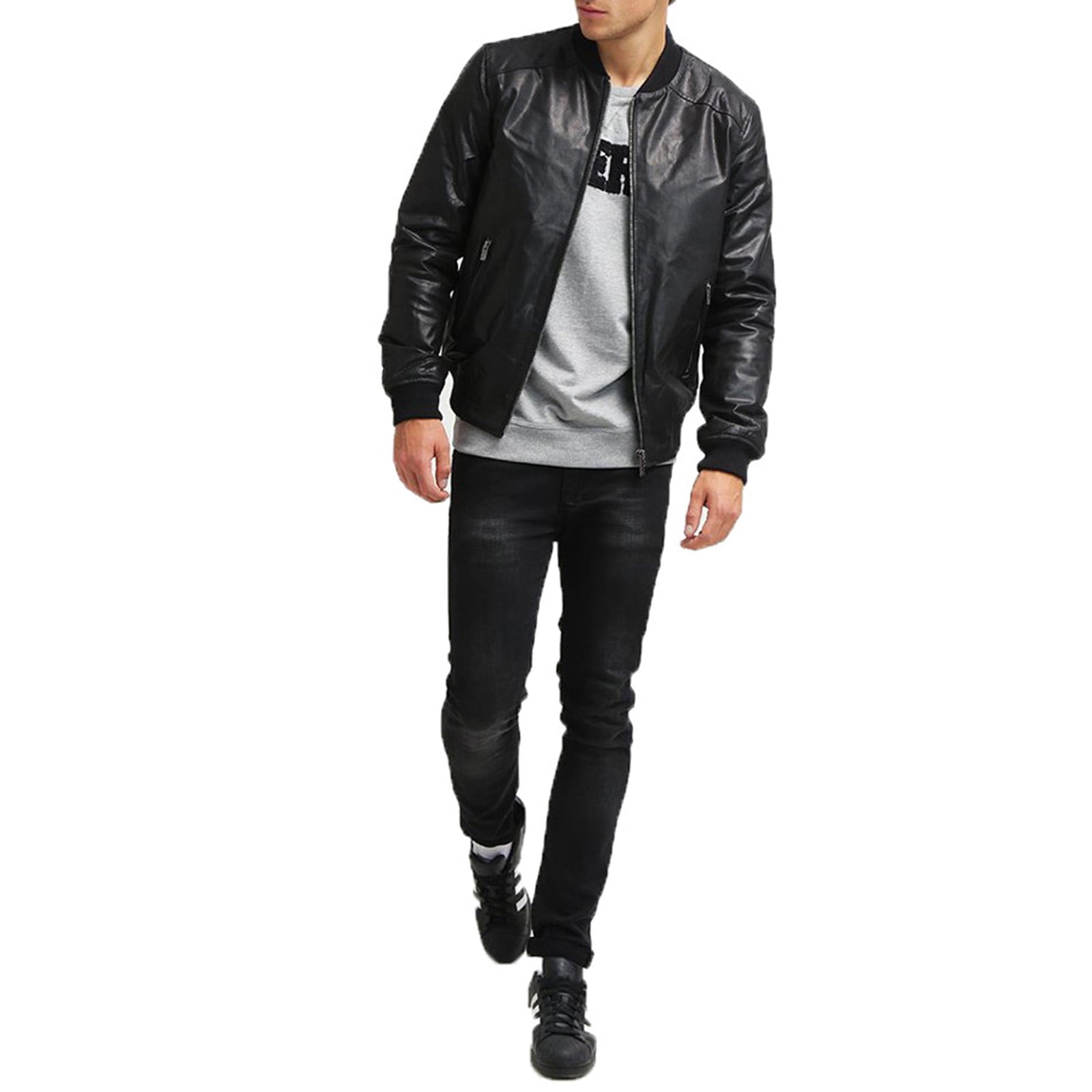 Men's Black Genuine Leather Bomber Jacket Cuts on the Shoulders Rindway Outlet