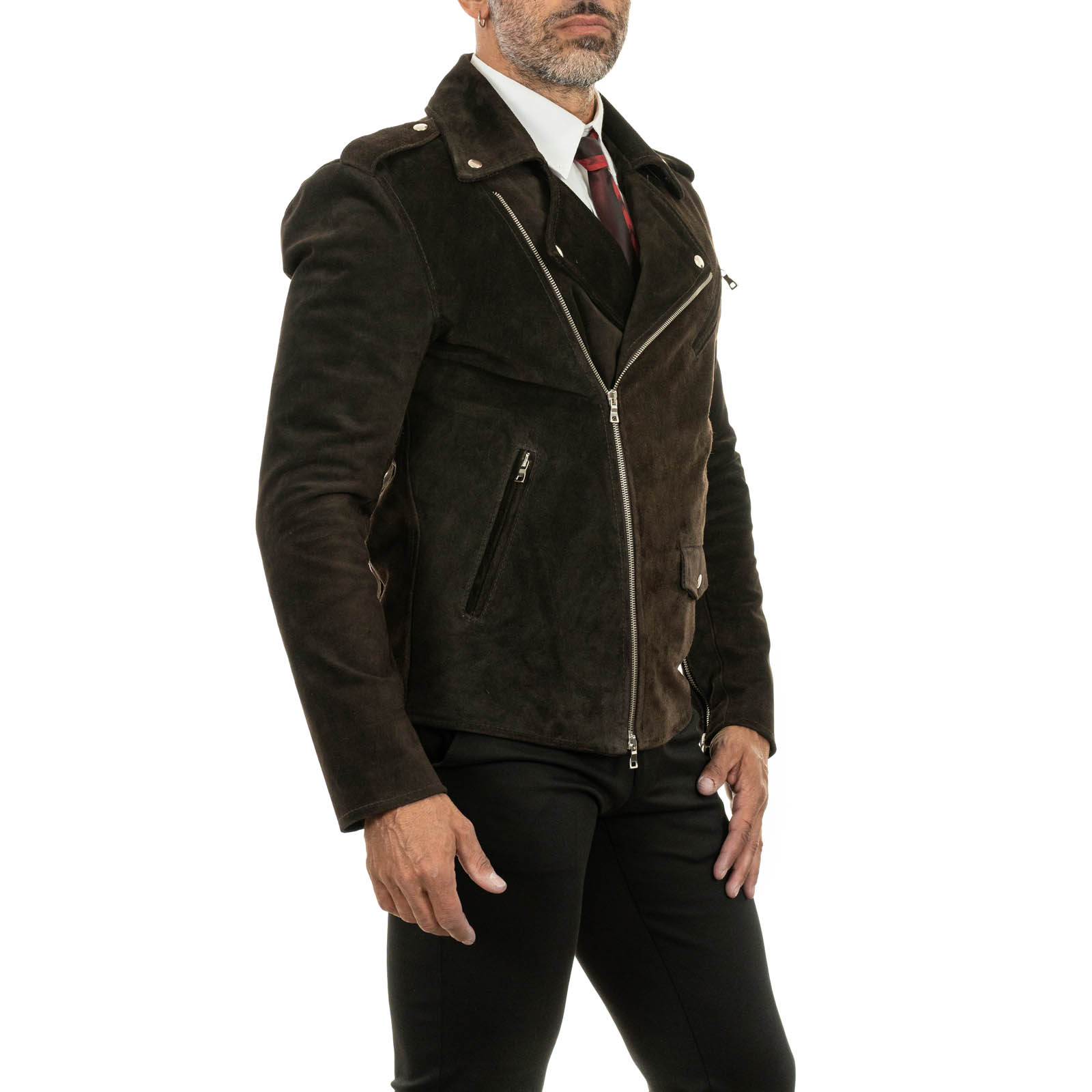 Slim Men's Biker Jacket in Genuine Brown Suede Leather with Rindway Belt