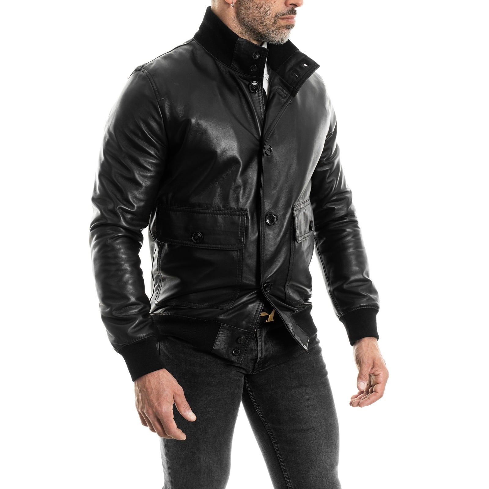 Black Genuine Leather Bomber Jacket With Rindway Buttons and Big Pockets