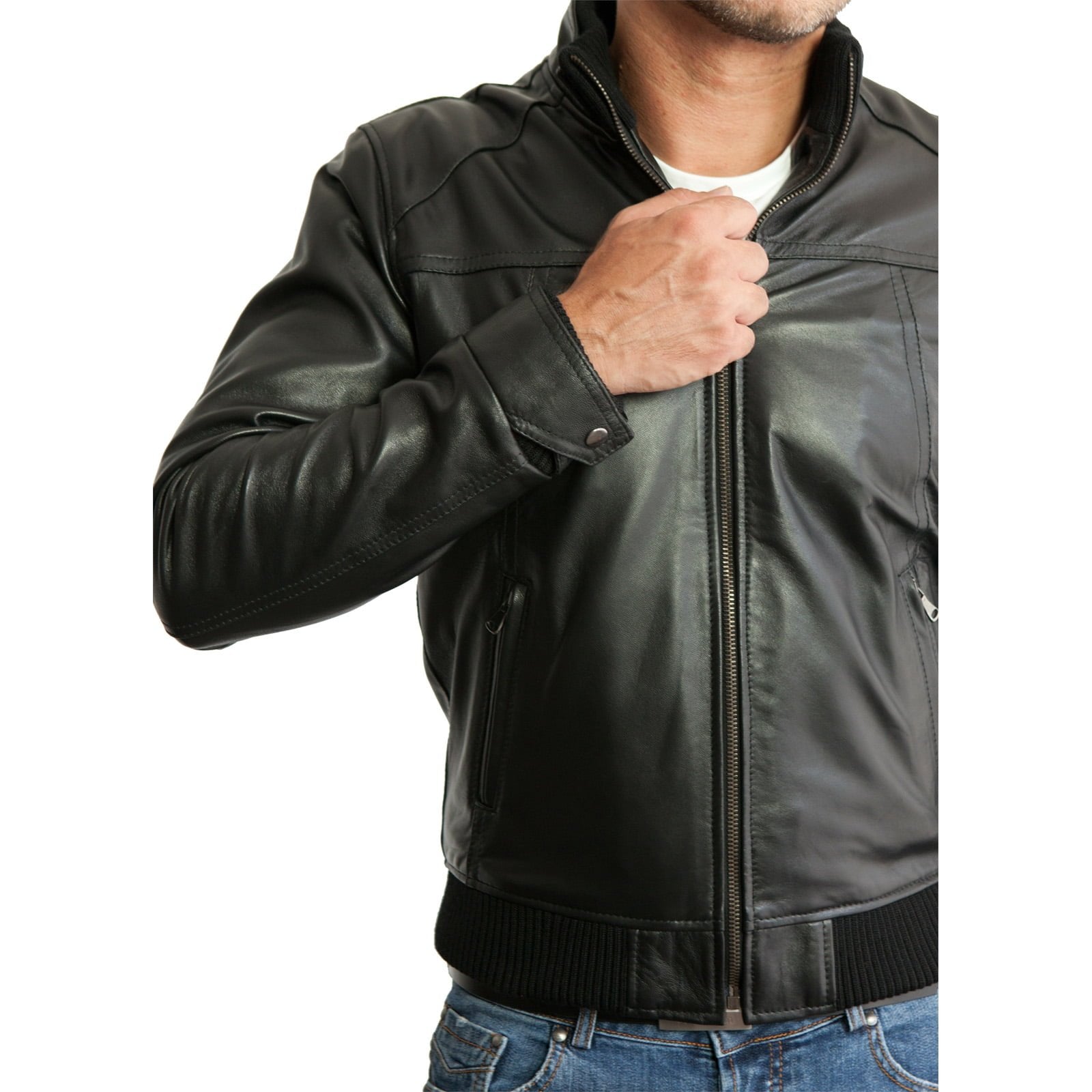 Men's Brown Genuine Leather Bomber Jacket with Jersey and Leather Collar Rindway Outlet