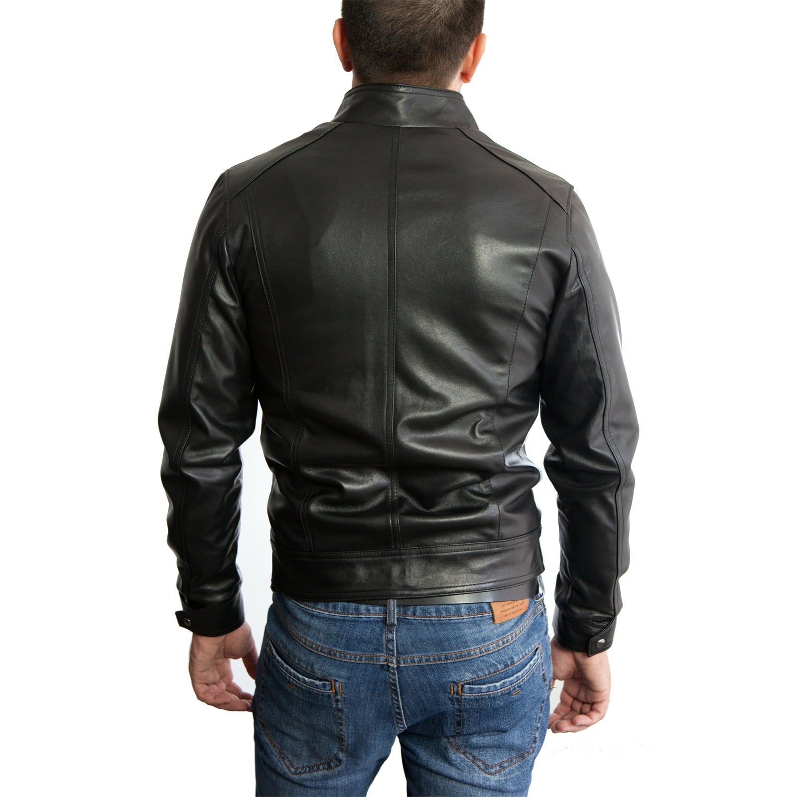 Rindway Slim Men's Black Genuine Leather Biker Jacket with Four Pockets