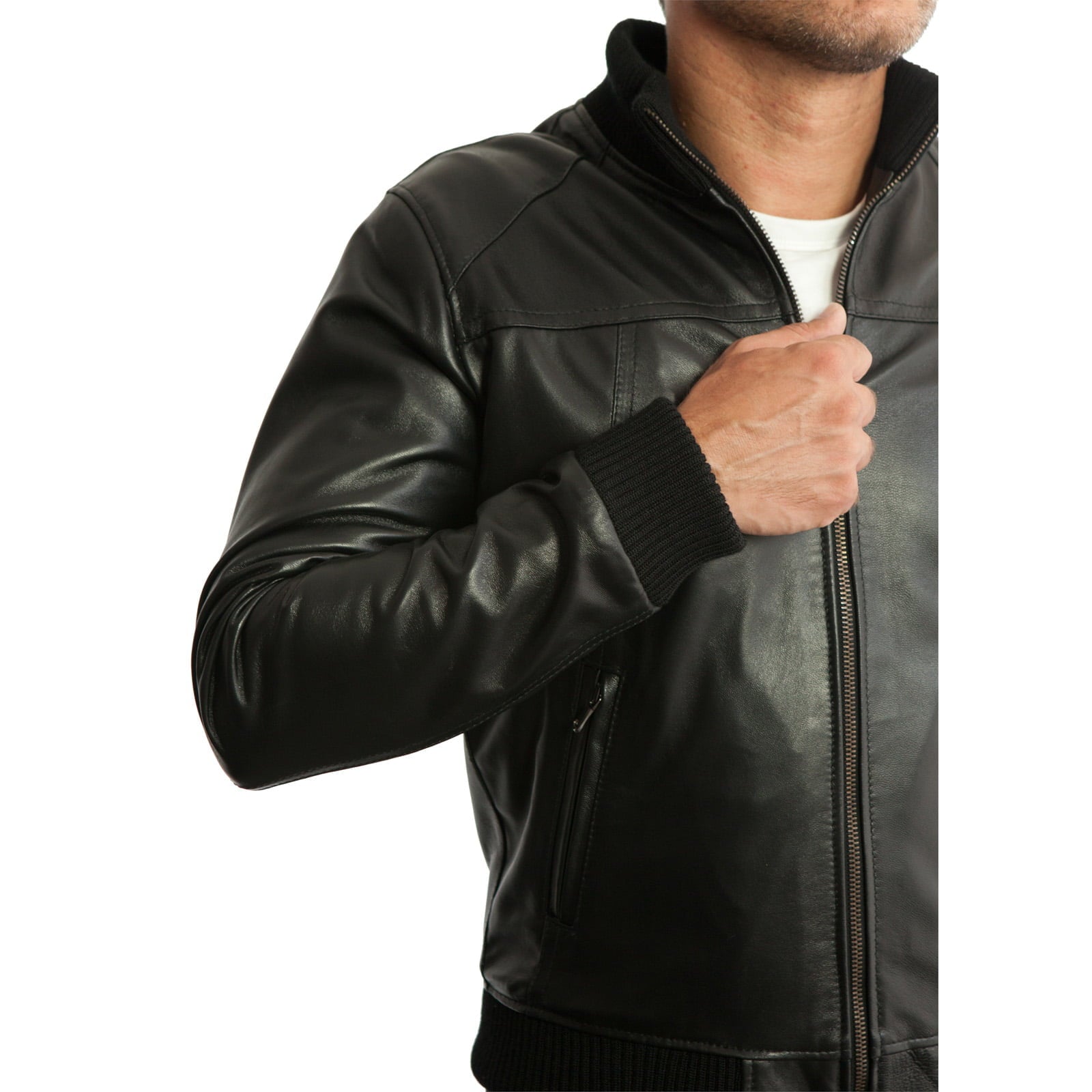 Rindway Slim Men's Black Genuine Leather Bomber Jacket with Front Cuts