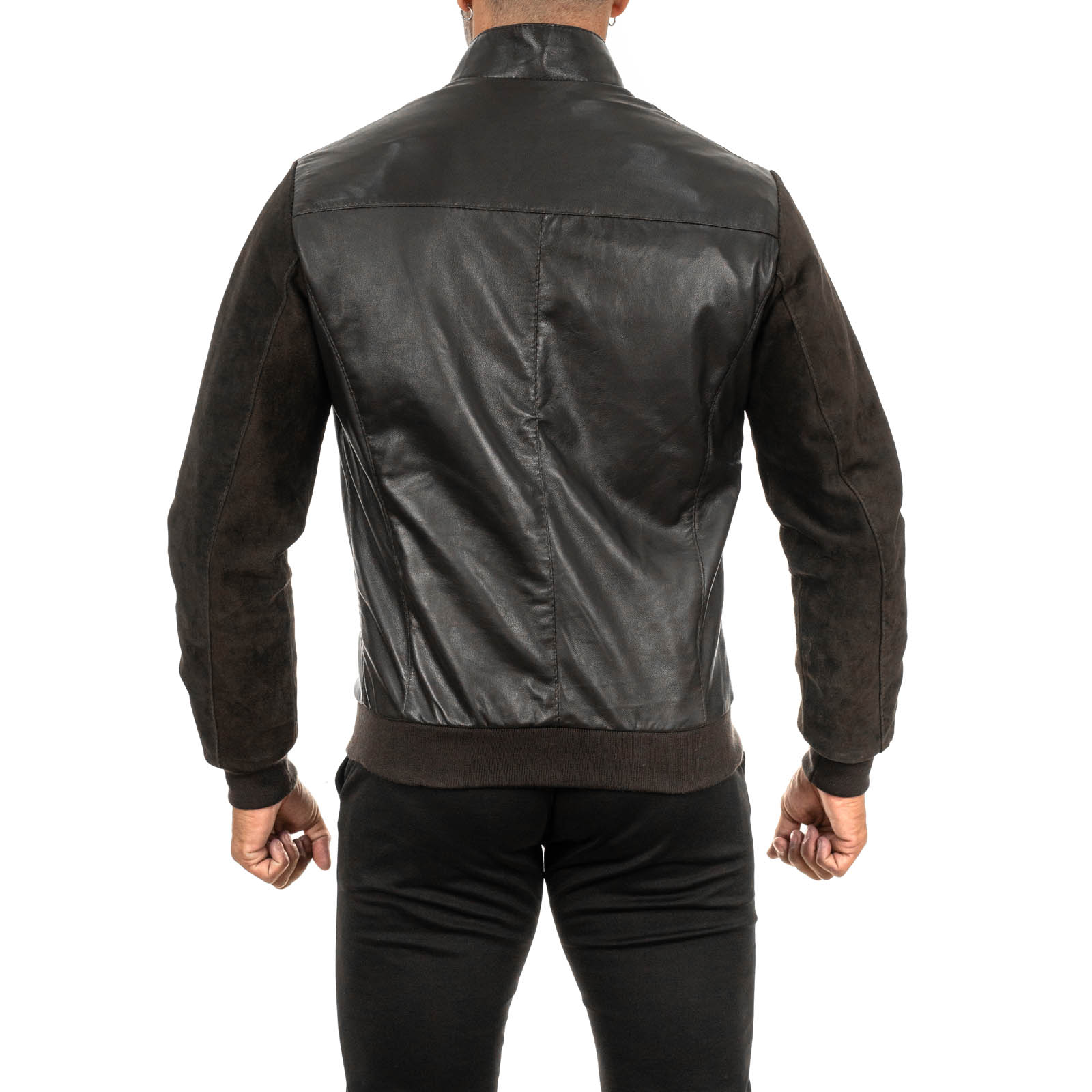 Rindway Men's Genuine Leather Bomber Jacket Slim Suede Arms