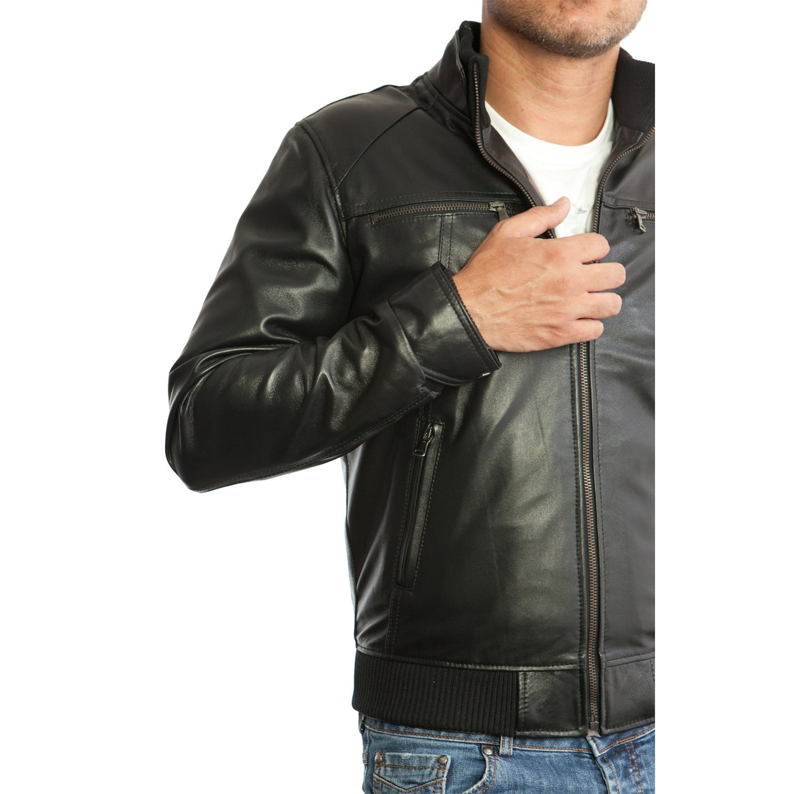 Men's Black Genuine Leather Bomber Jacket with Chest Zippers and Rindway Pockets