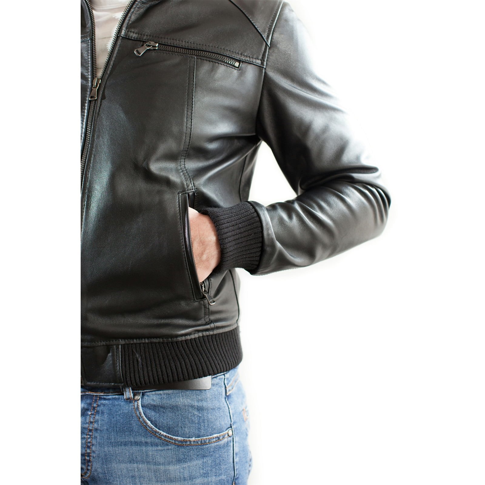 Men's Black Genuine Leather Bomber Jacket with Four Rindway Zipper Pockets