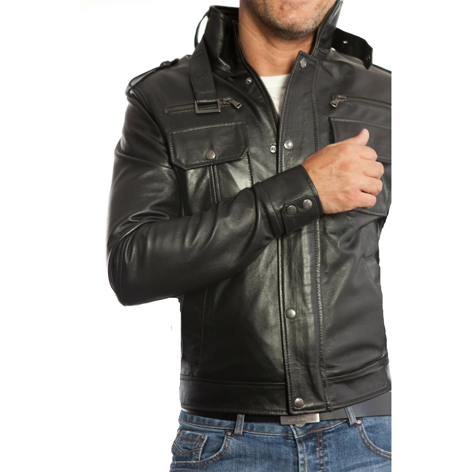 Rindway Slim Men's Brown Genuine Leather Biker Jacket with Six Front Pockets