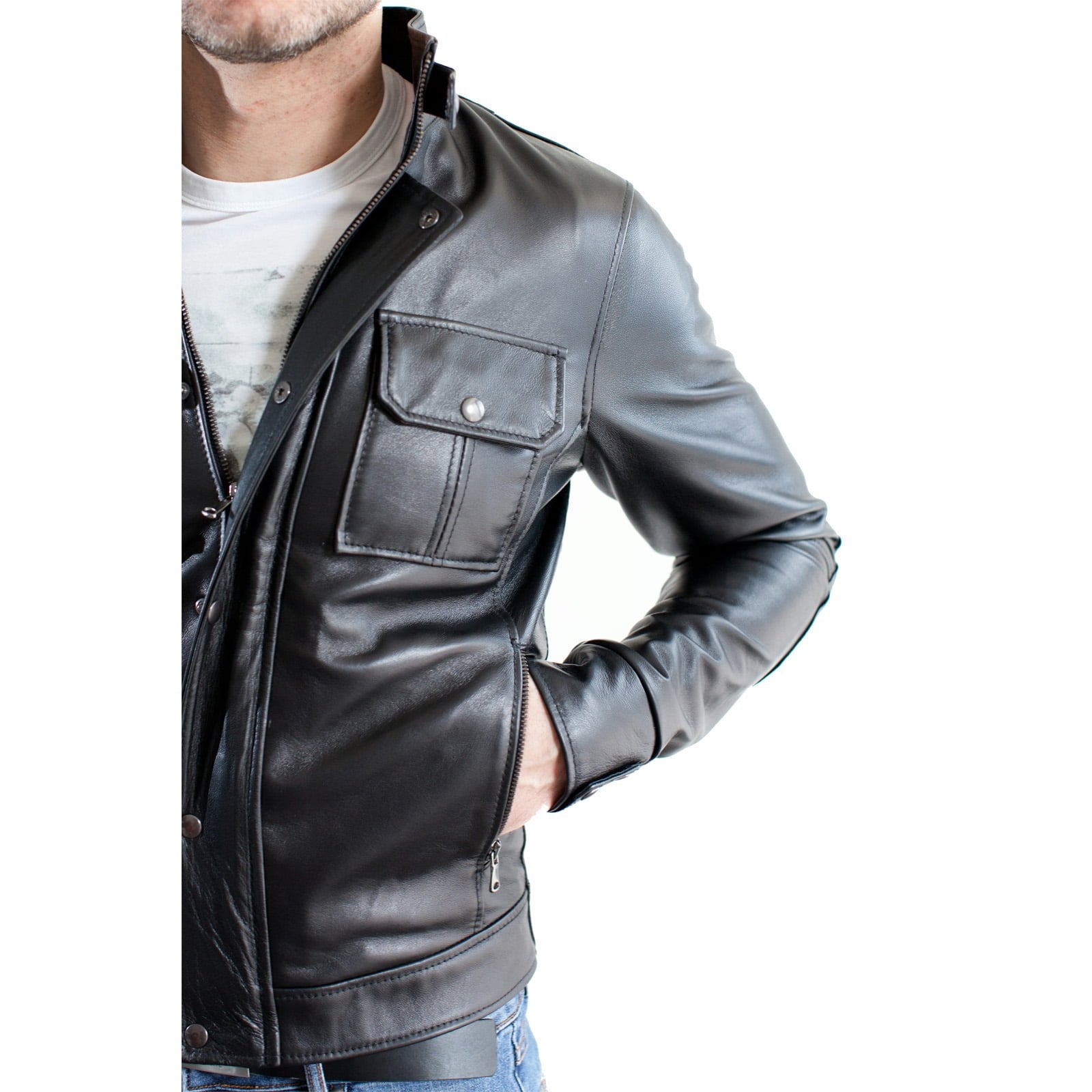 Men's Brown Genuine Leather Biker Jacket Slim Collar With Rindway Tab