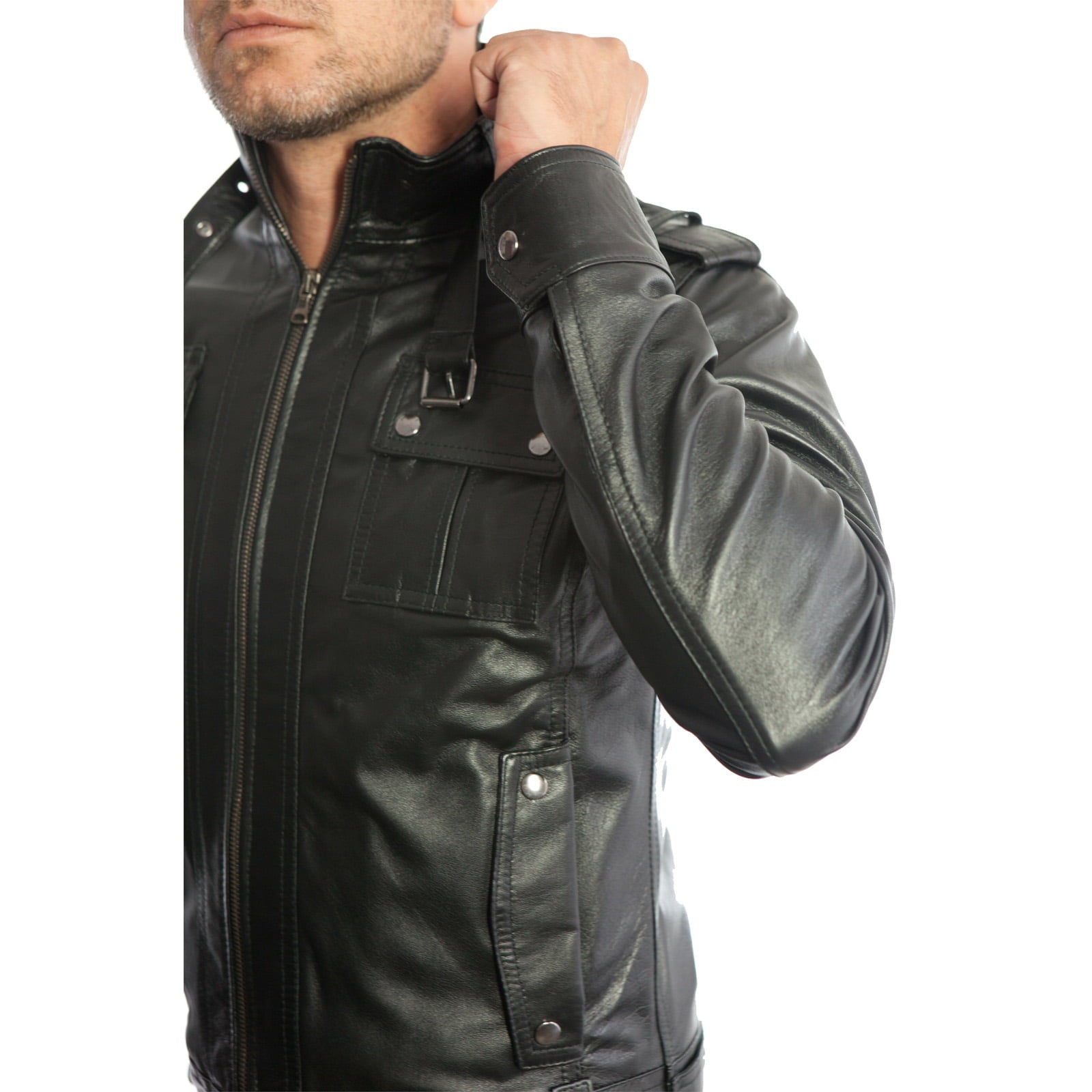 Rindway Men's Brown Genuine Leather Biker Jacket Slim Four Pockets Buttons