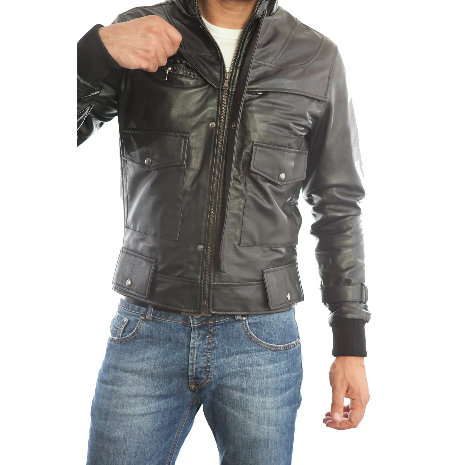 Rindway Slim Men's Black Genuine Leather Biker Jacket with Two Covered Front Pockets