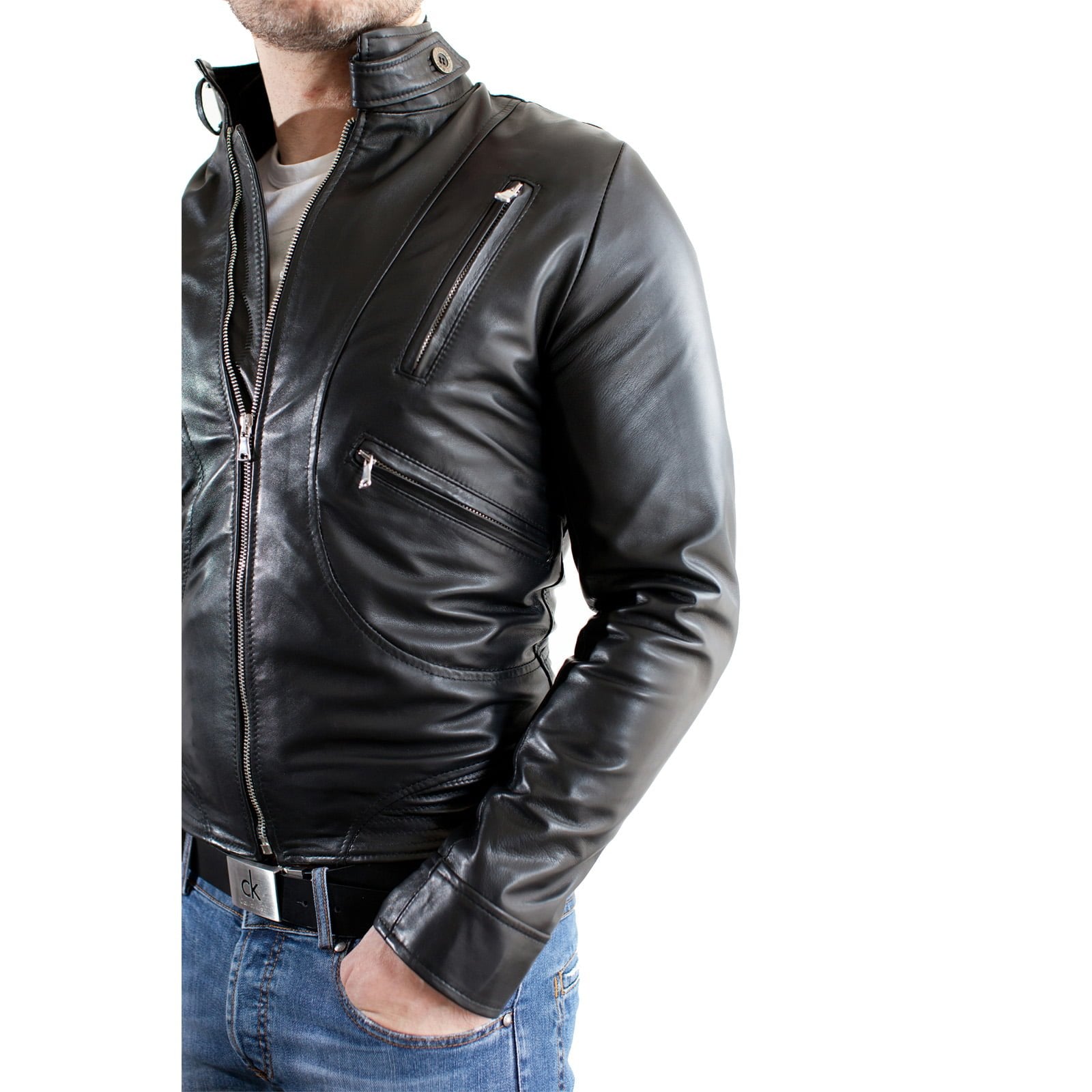 Men's Genuine Leather Jacket Slim Button Neck Accessories Silver Rindway