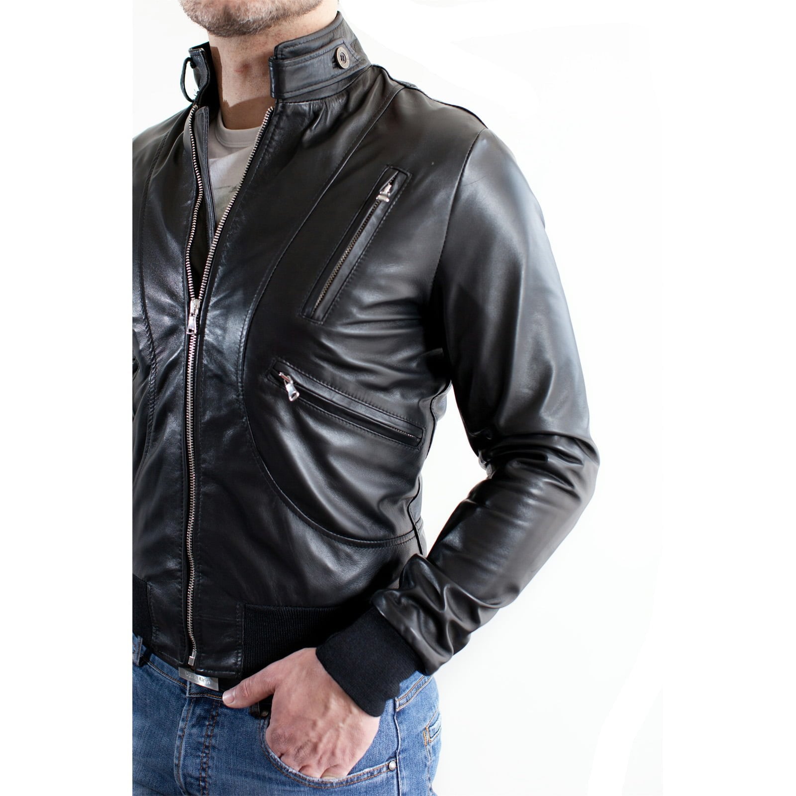 Bomber Jacket Real Black Leather Men With Button Collar Silver Details Rindway