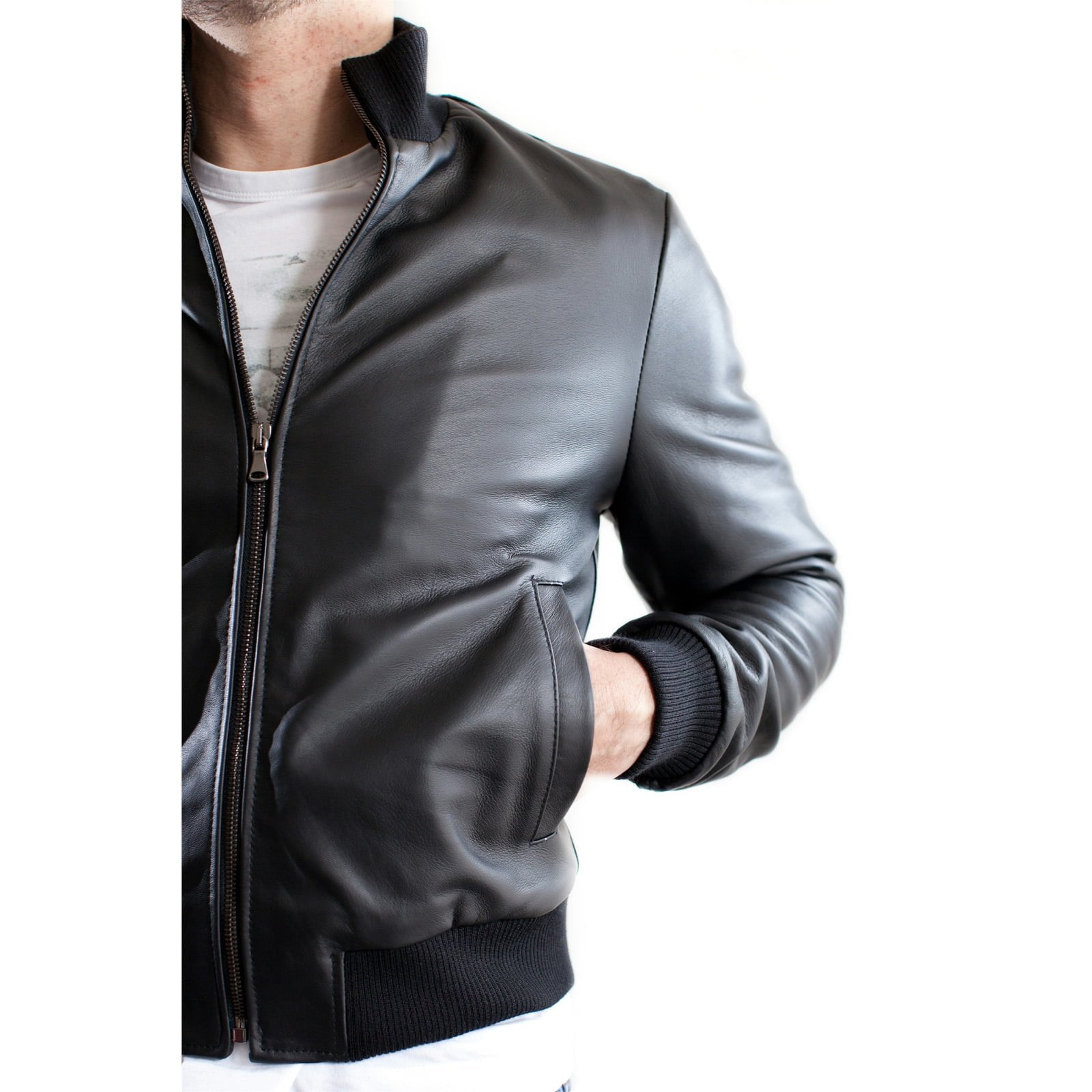 Slim Men's Genuine Leather Bomber Jacket Wool Collar and Wrists Rindway Outlet