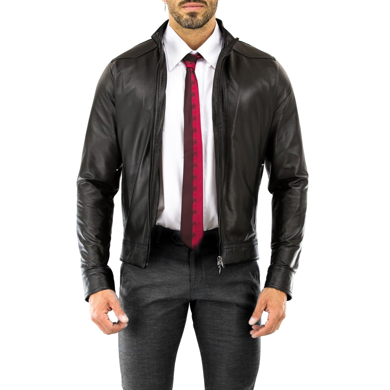 Giacca Biker In Vera Pelle Marrone Uomo Slim Fascioni Frontali Rindway