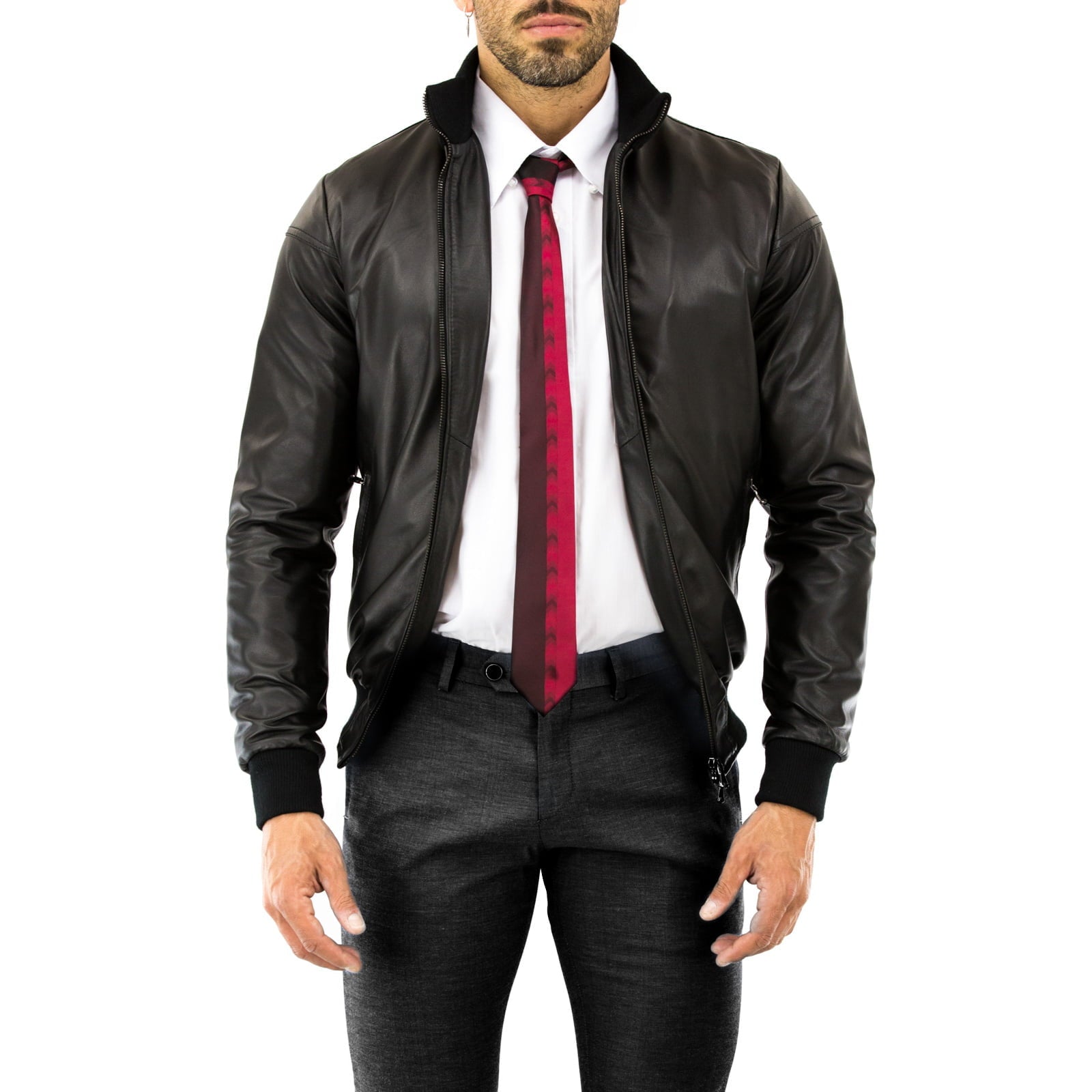 Rindway Men's Black Genuine Leather Bomber Jacket with Lines on the Back