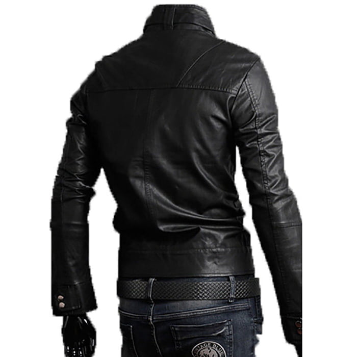 Slim Men's Black Genuine Leather Biker Jacket with Rindway Zip and Flap Closure