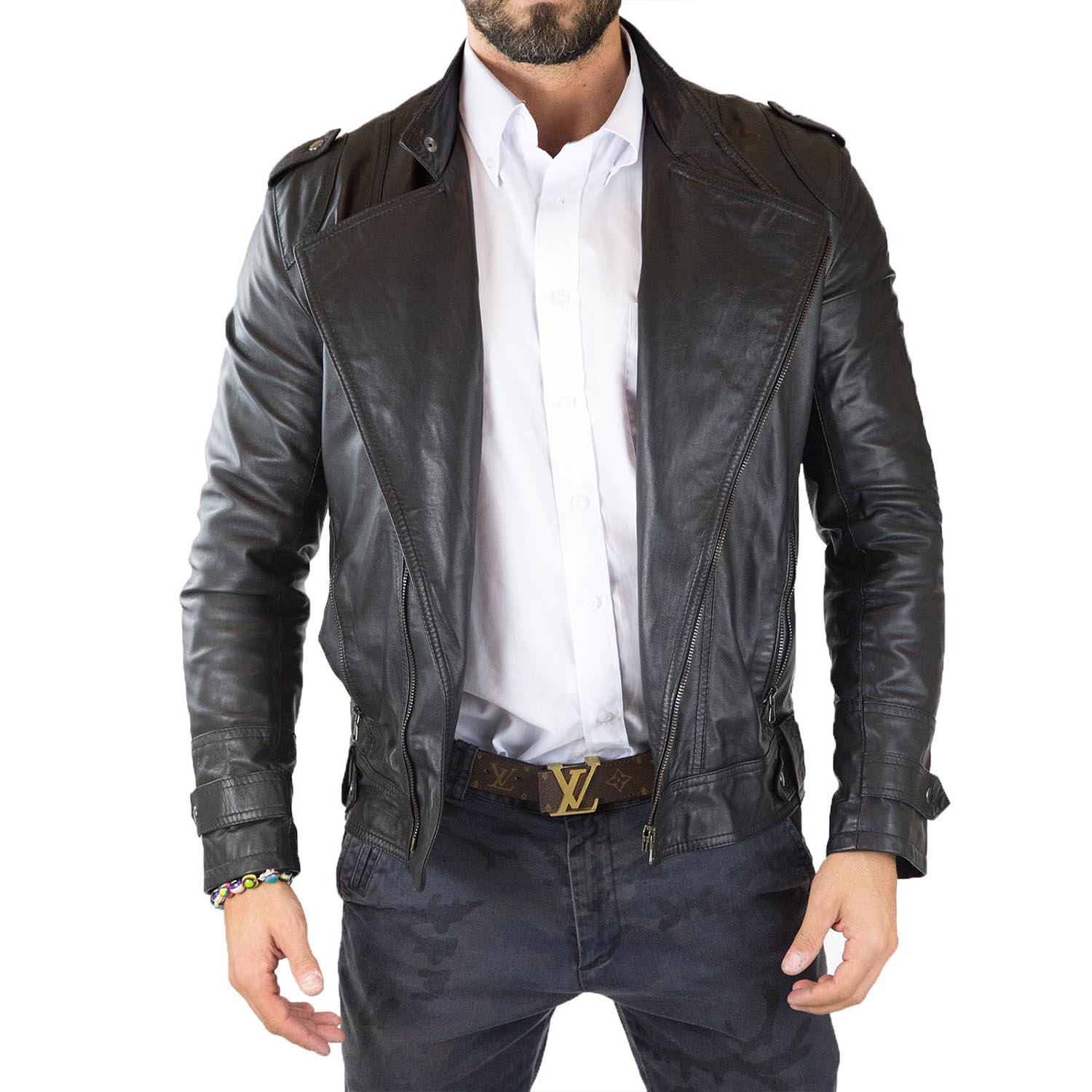 Men's Biker Jacket in Genuine Brown Leather Slim Corena Collar with Rindway Button