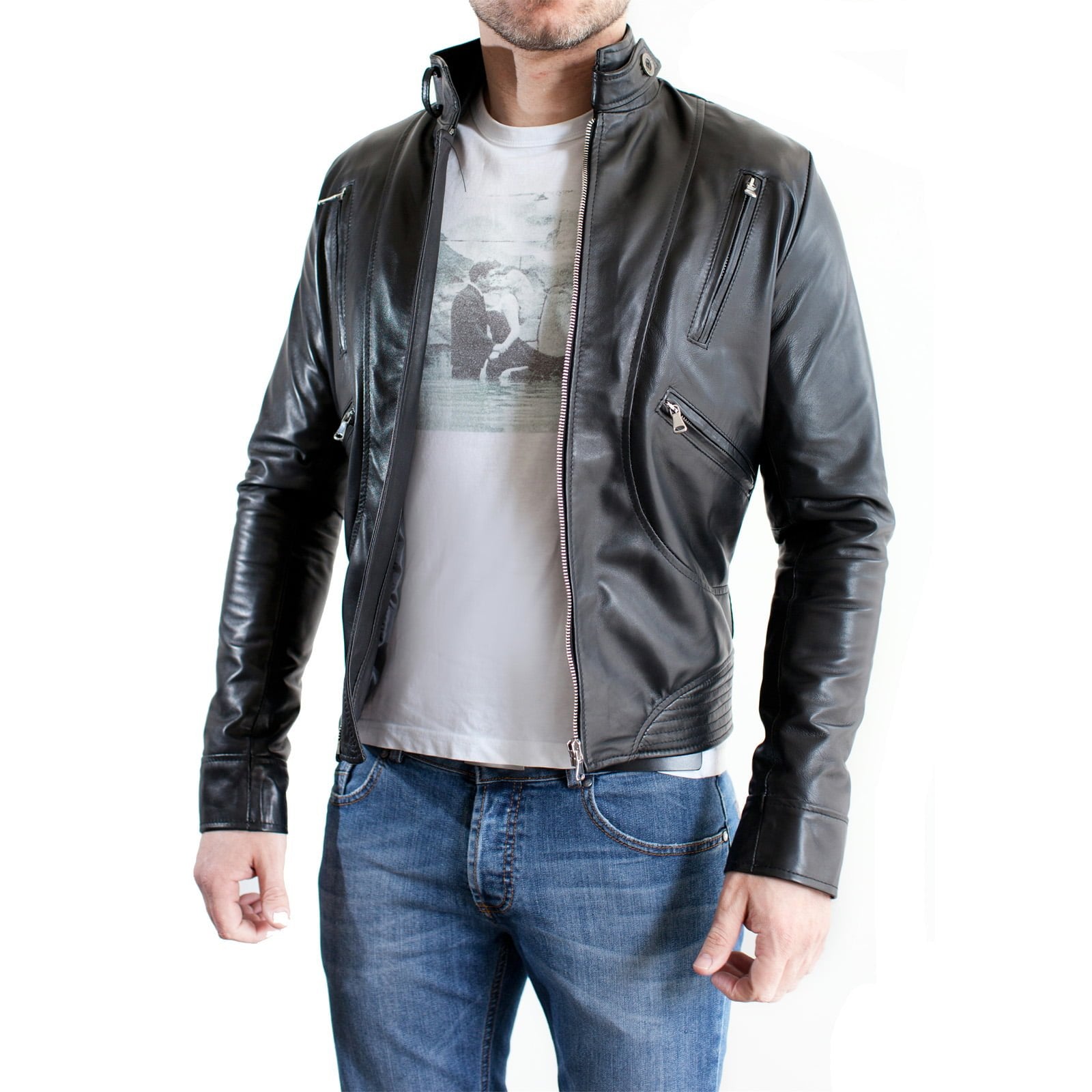 Men's Genuine Leather Jacket Slim Button Neck Accessories Silver Rindway