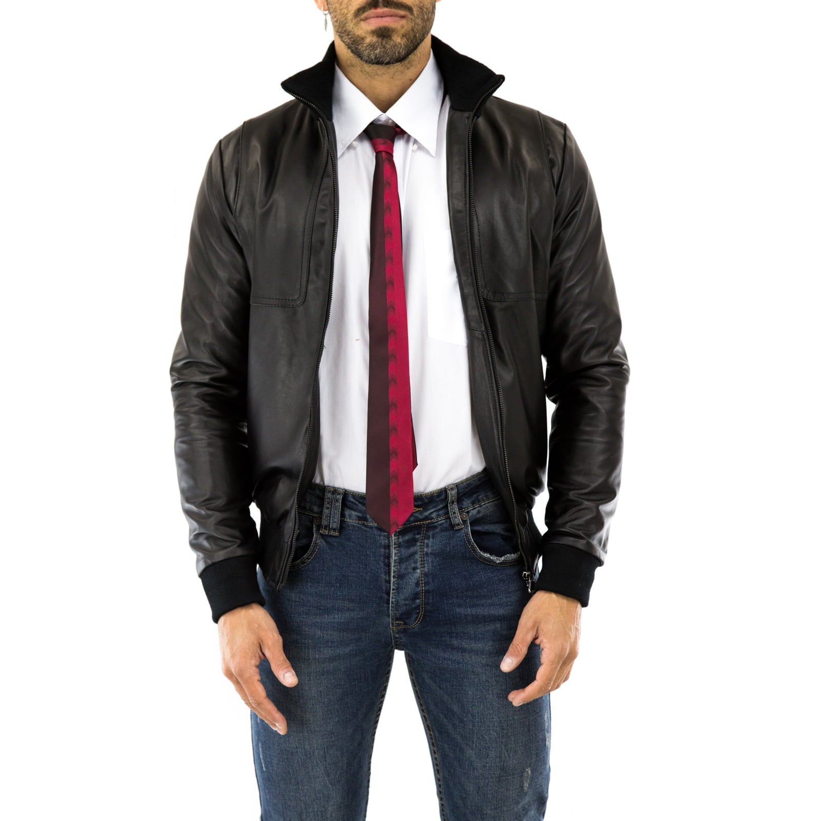 Men's Blue Genuine Leather Bomber Jacket with Rindway Embroidery on the Chest