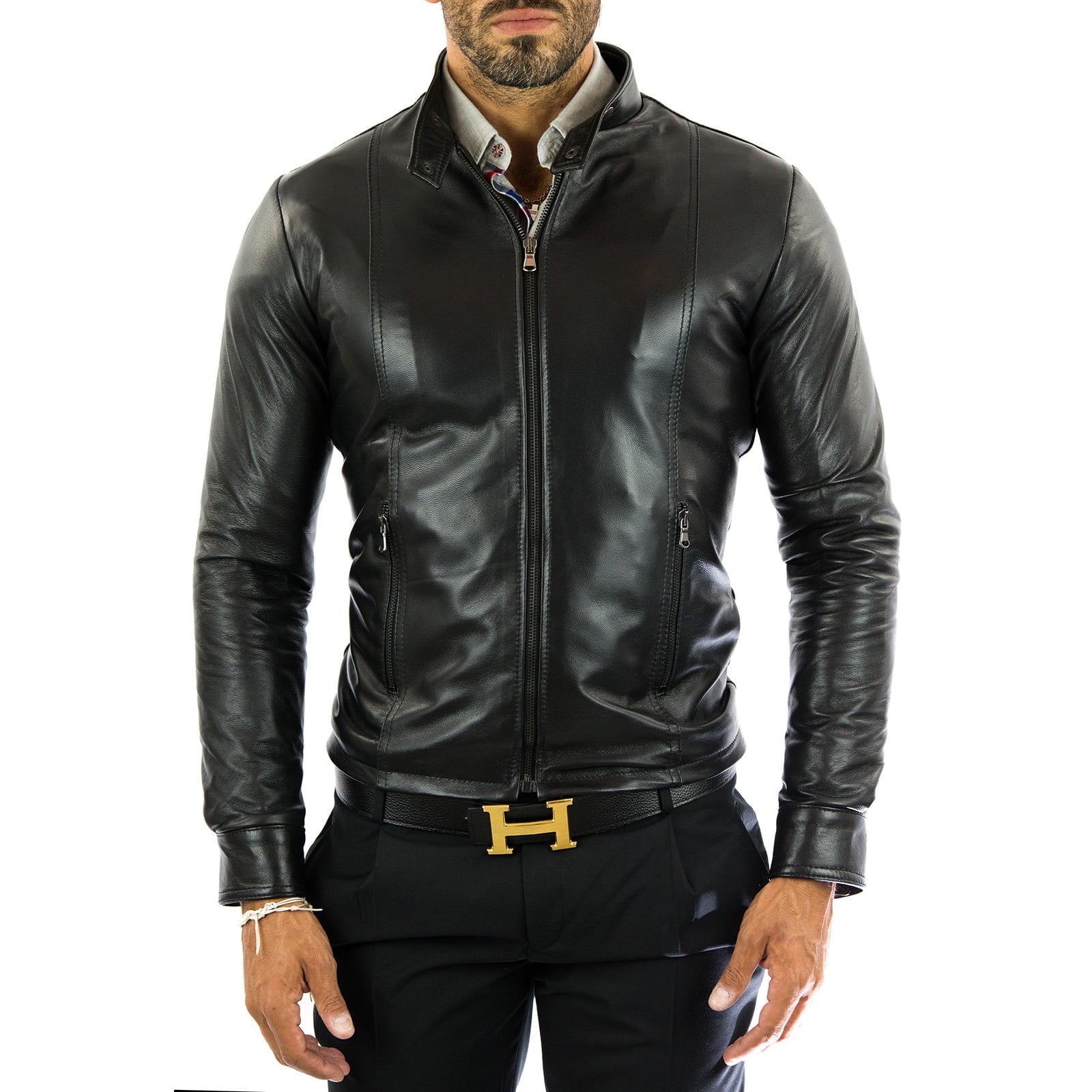 Rindway Slim Men's Black Genuine Leather Biker Jacket with Front Stitching