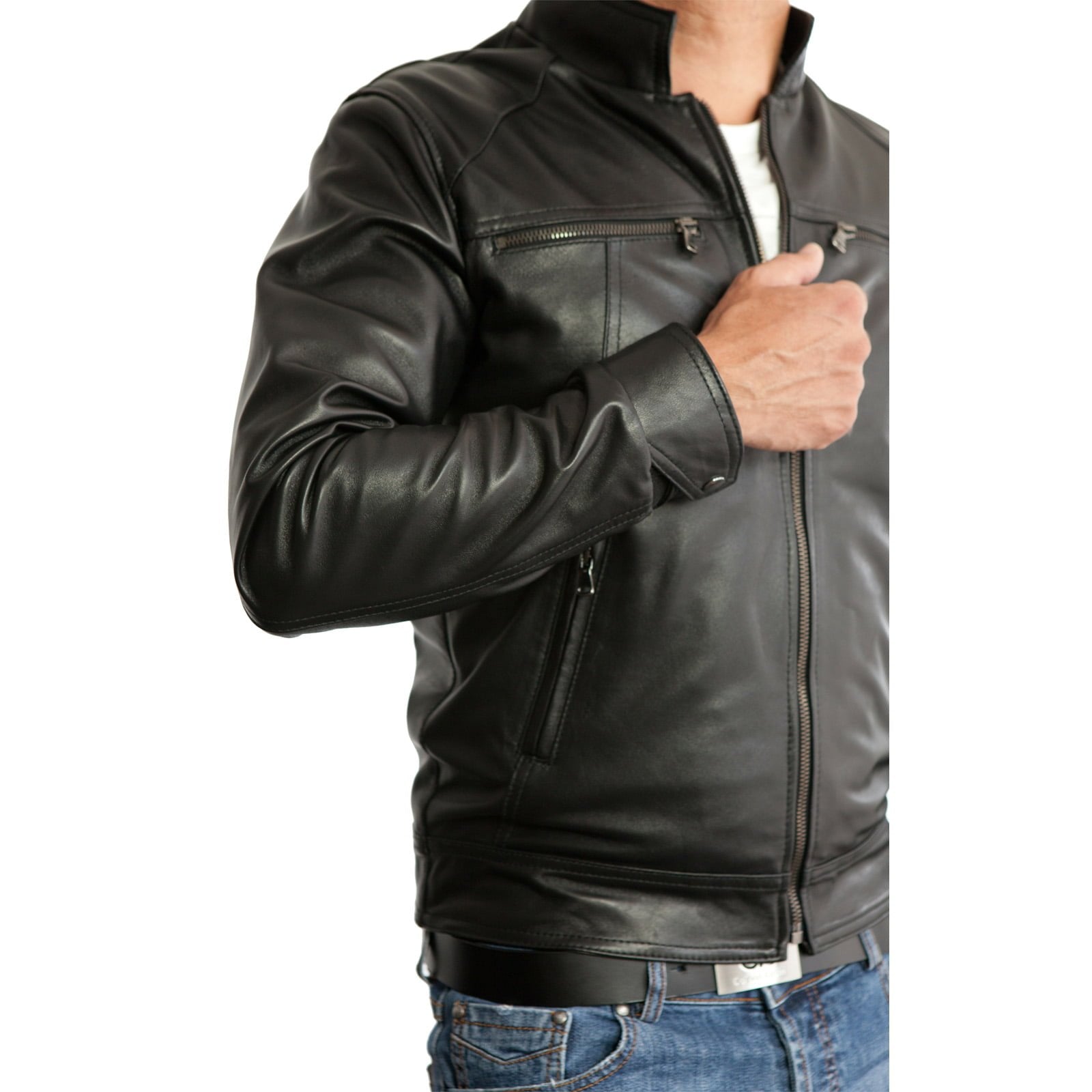 Rindway Slim Men's Black Genuine Leather Biker Jacket with Four Pockets