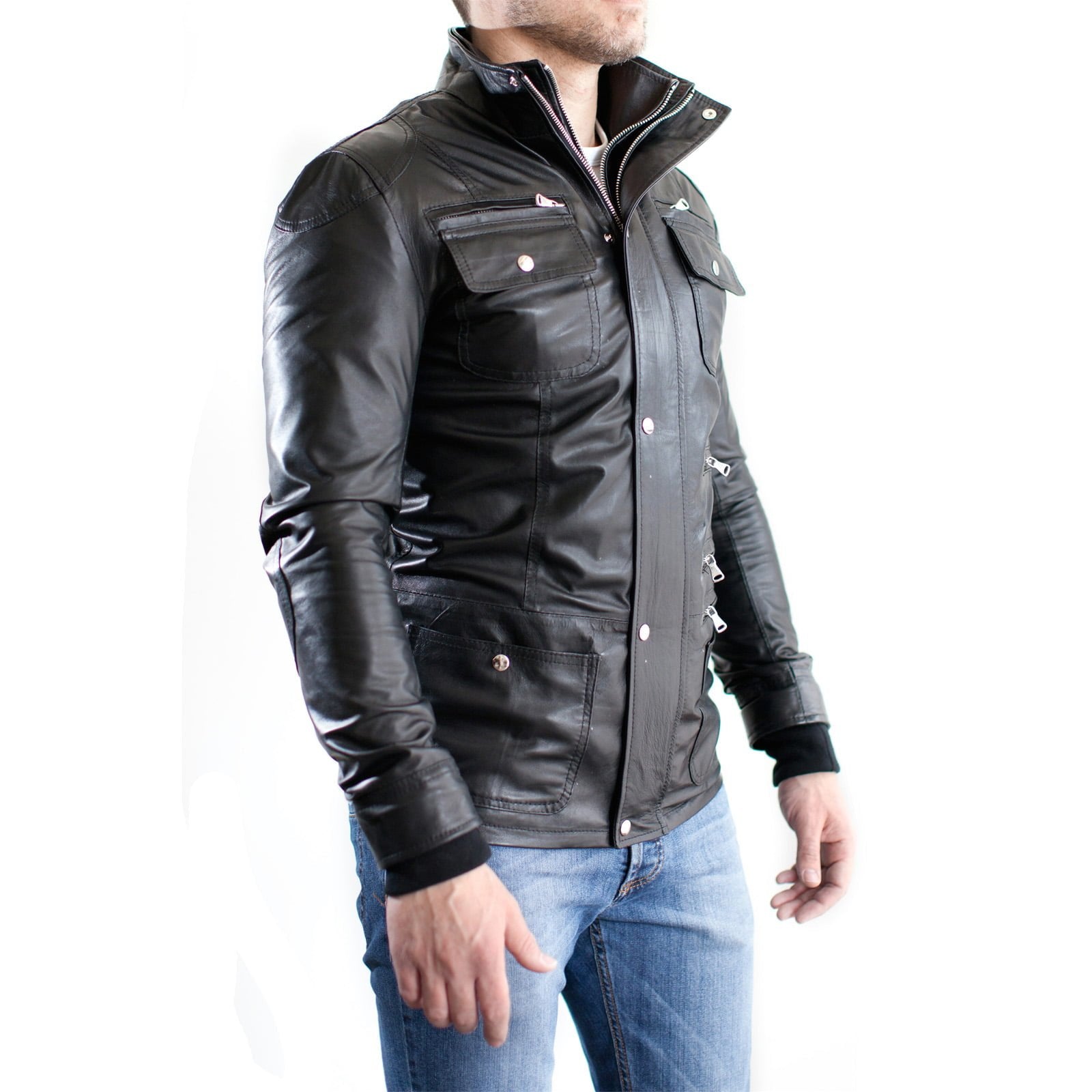 Giacca Biker In Vera Pelle Uomo Slim Multitasche Rindway