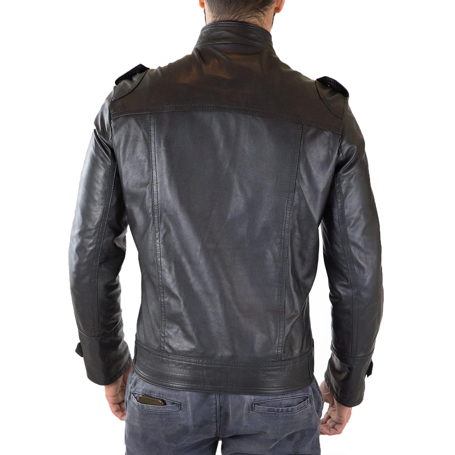 Chiodo Biker In Vera Pelle Blu Uomo Slim Collo Coreana Con Bottone Rindway