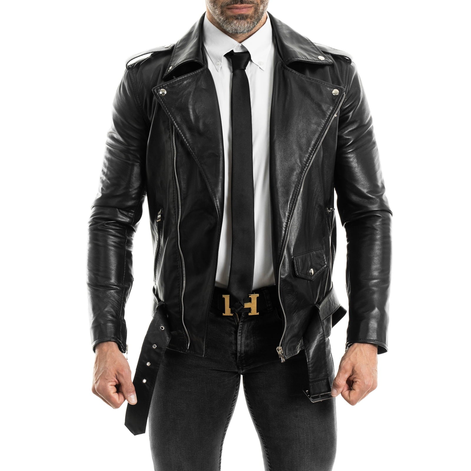 Men's Slim Fit Black Genuine Leather Biker Jacket Front Pocket Rindway