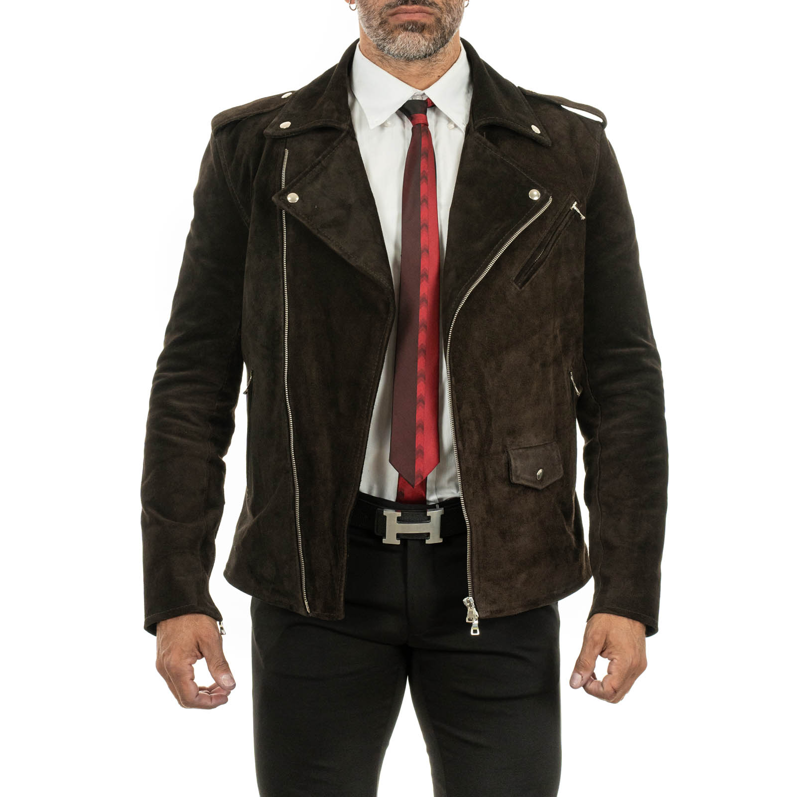 Slim Men's Biker Jacket in Genuine Brown Suede Leather with Rindway Belt