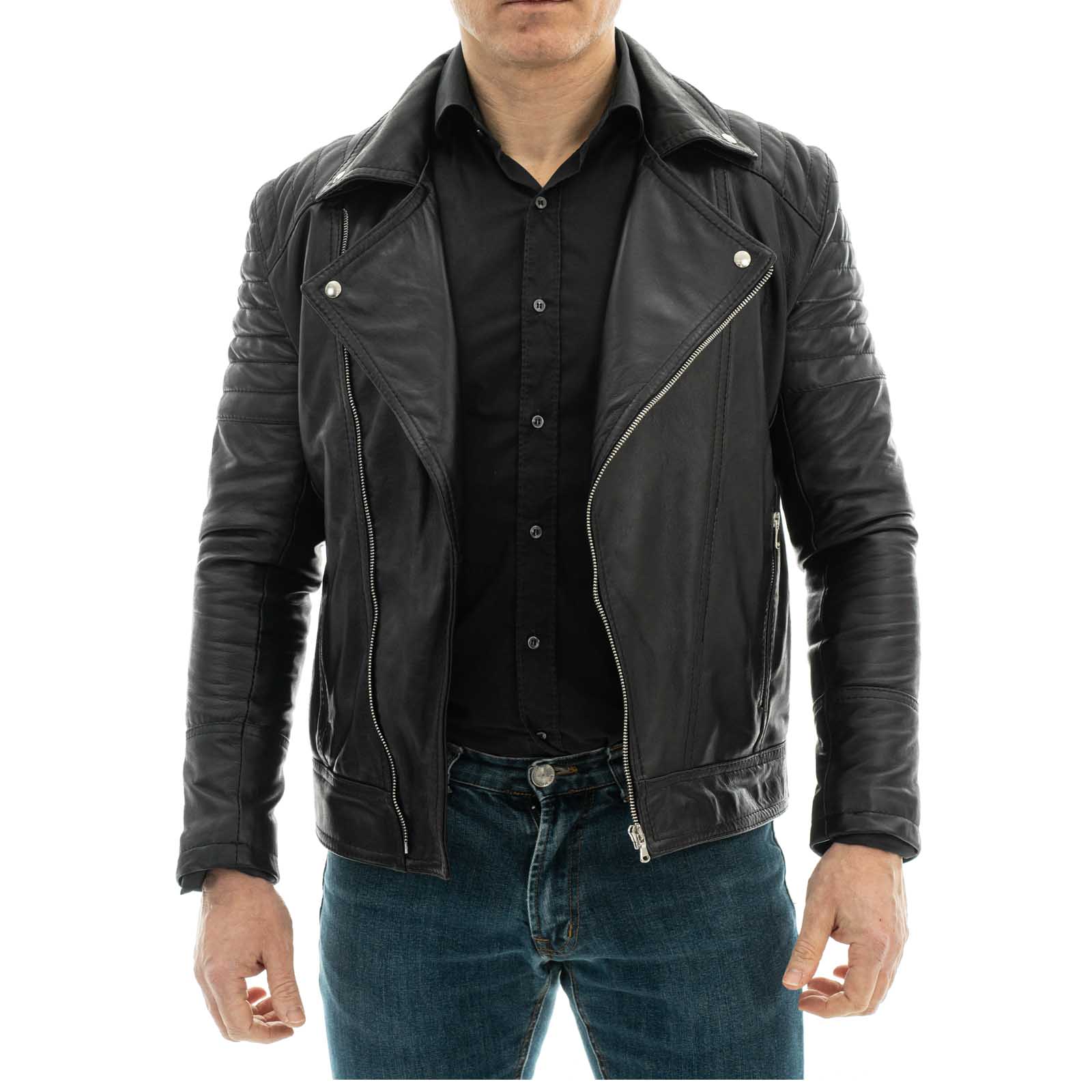 Chiodo Biker In Vera Pelle Marrone Uomo Slim Linee Spalle Braccia Rindway