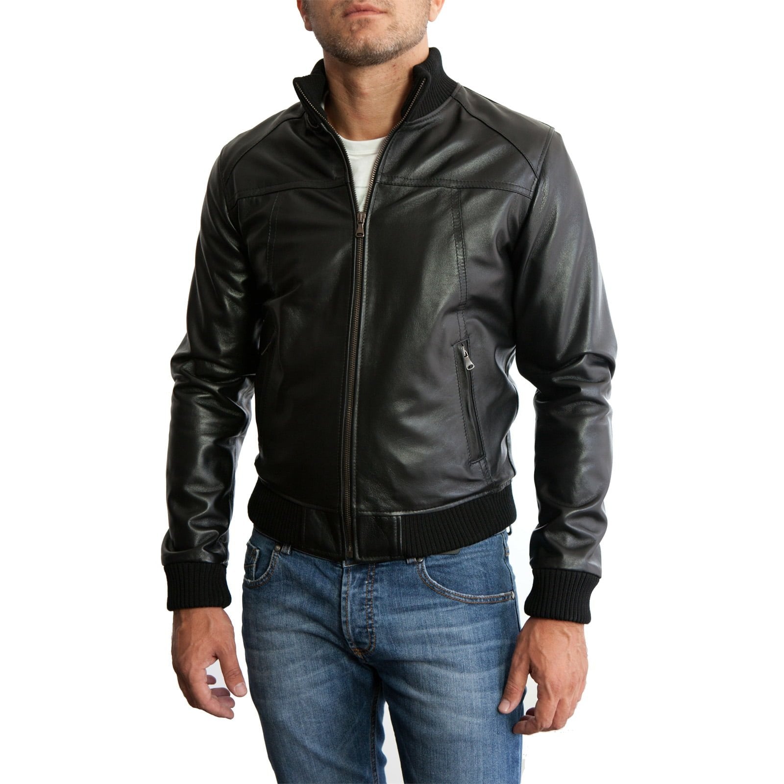 Slim Men's Genuine Leather Bomber Jacket With Front Cuts Rindway Outlet