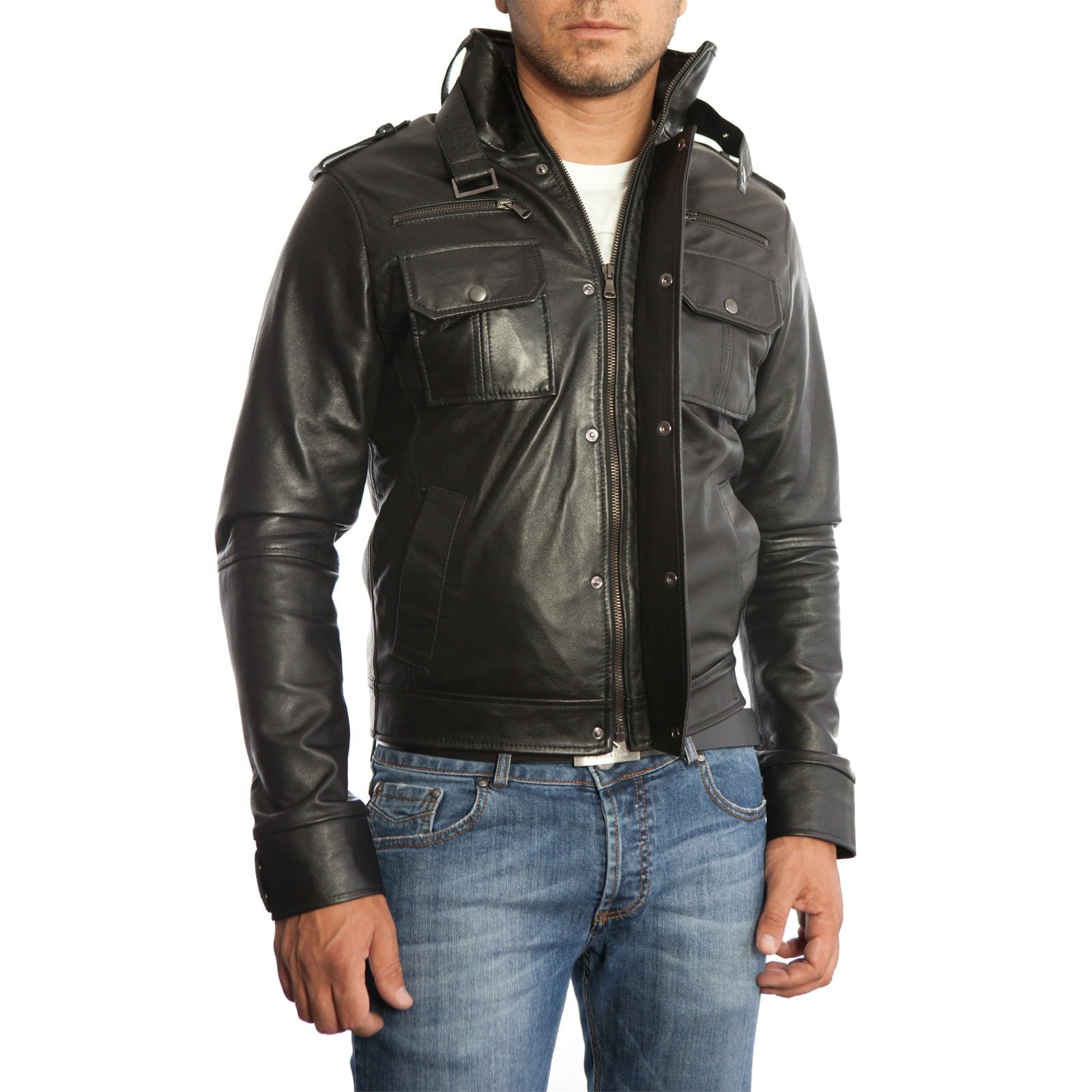 Rindway Slim Men's Brown Genuine Leather Biker Jacket with Six Front Pockets