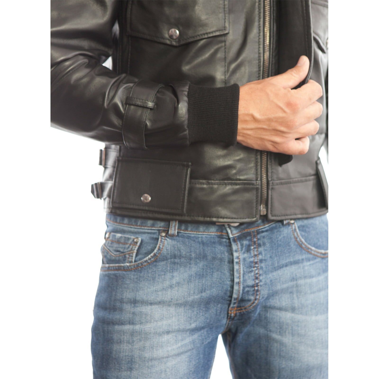 Rindway Slim Men's Black Genuine Leather Biker Jacket with Two Covered Front Pockets