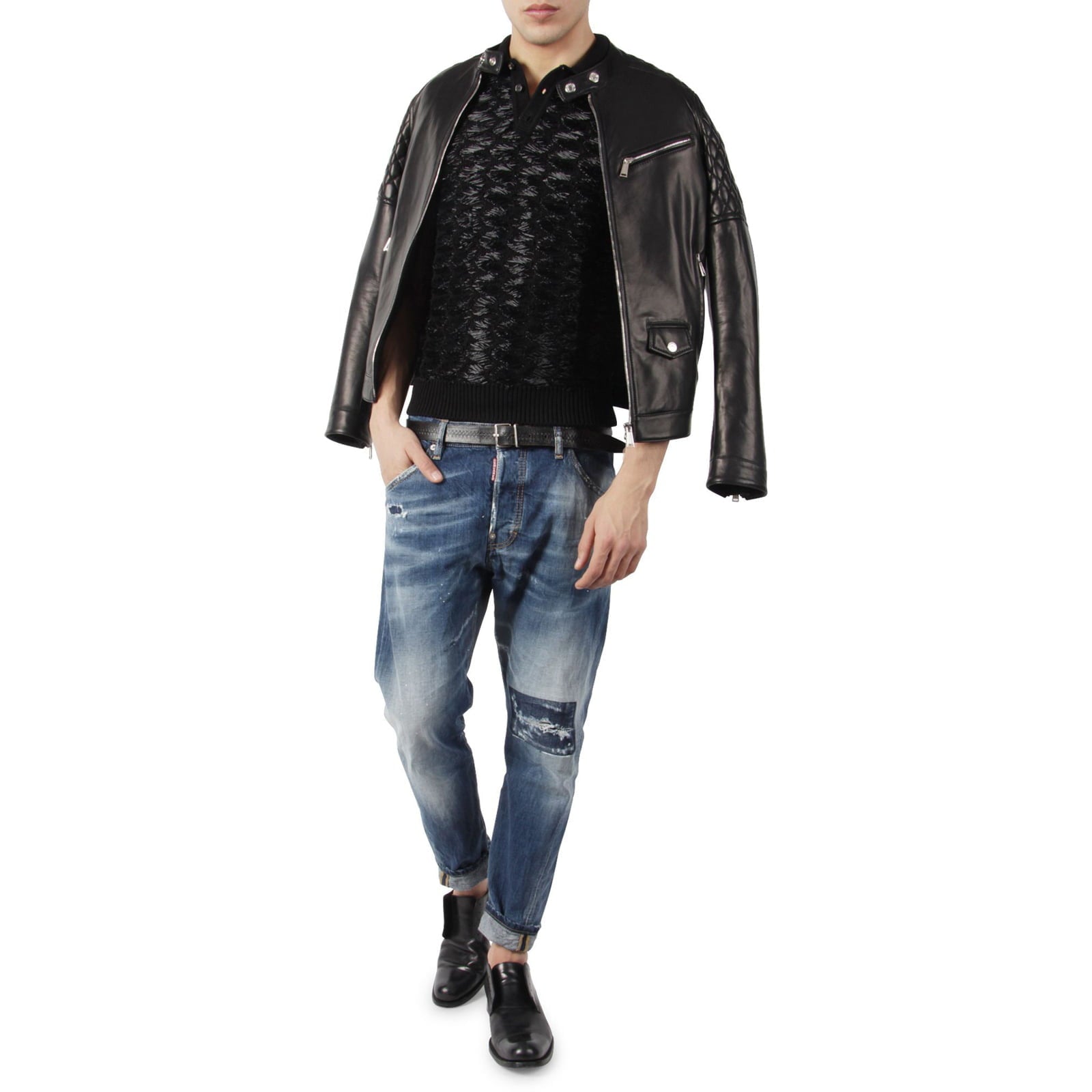 Rindway Men's Black Genuine Leather Biker Jacket with Diamonds Arms and Shoulders