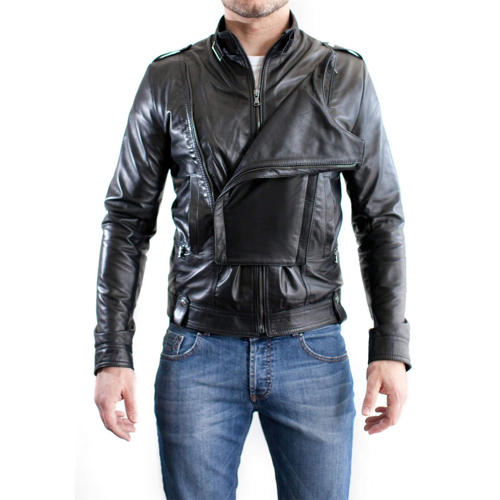 Giubbotto Giacca In Pelle PU Nero Uomo Slim Pettorina Removibile Produzione Artigianale Cod.113-Outlet Rindway