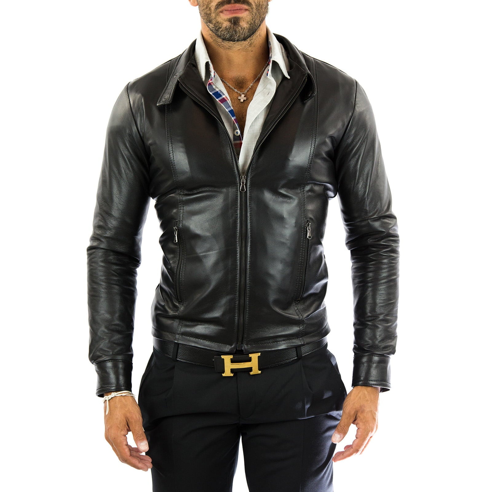 Rindway Slim Men's Black Genuine Leather Biker Jacket with Front Stitching