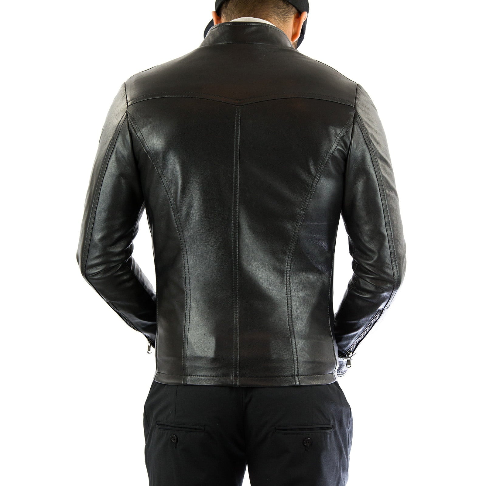 Rindway Slim Men's Black Genuine Leather Biker Jacket with Front Stitching