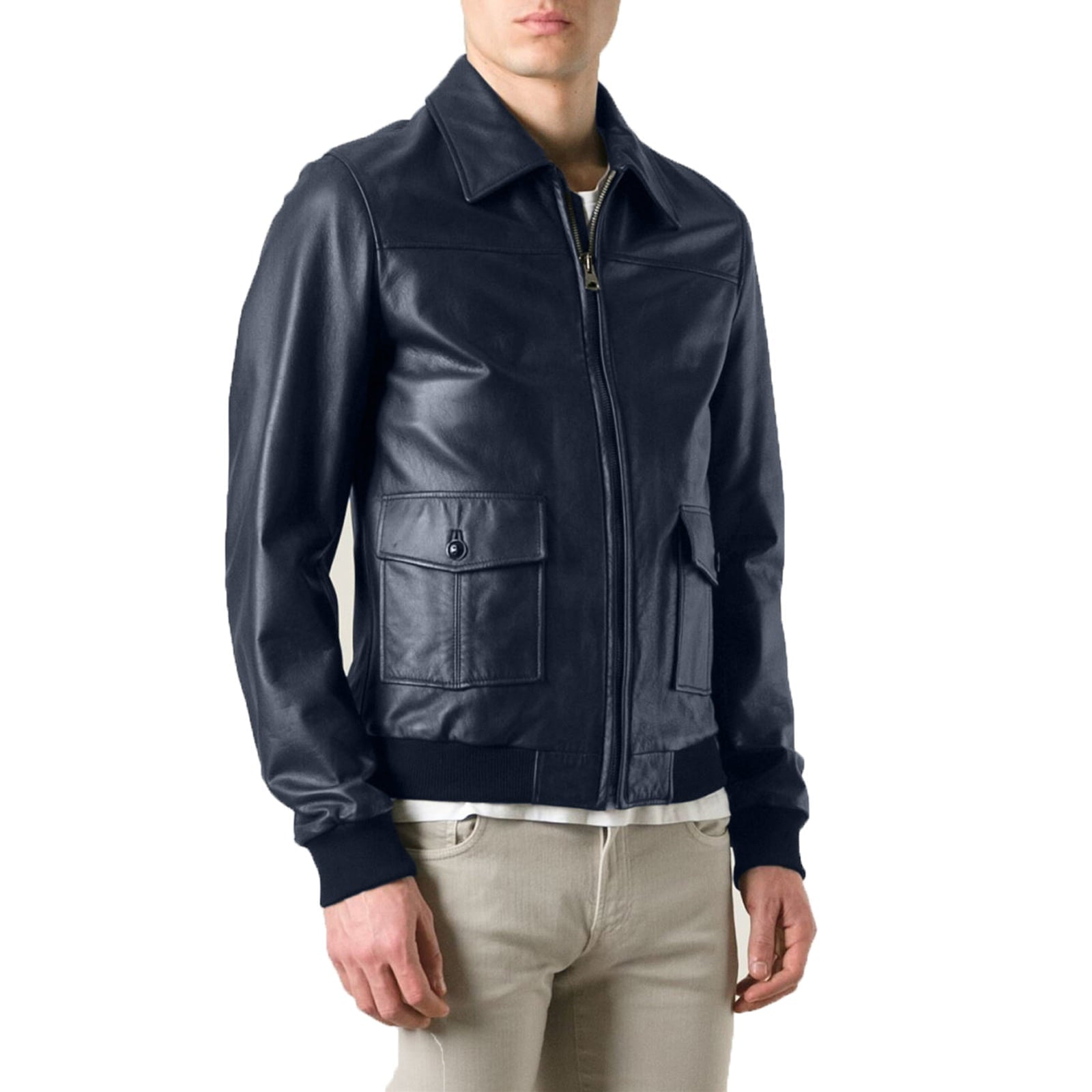 Bomber Giubbotto In Vera Pelle Blu Uomo Nero Slim Collo Camicia Con Tasconi Rindway