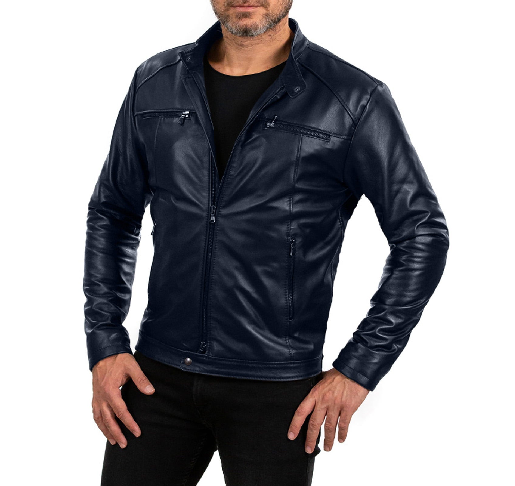 Rindway Men's Blue Genuine Leather Biker Jacket Slim Four Pockets Button Collar